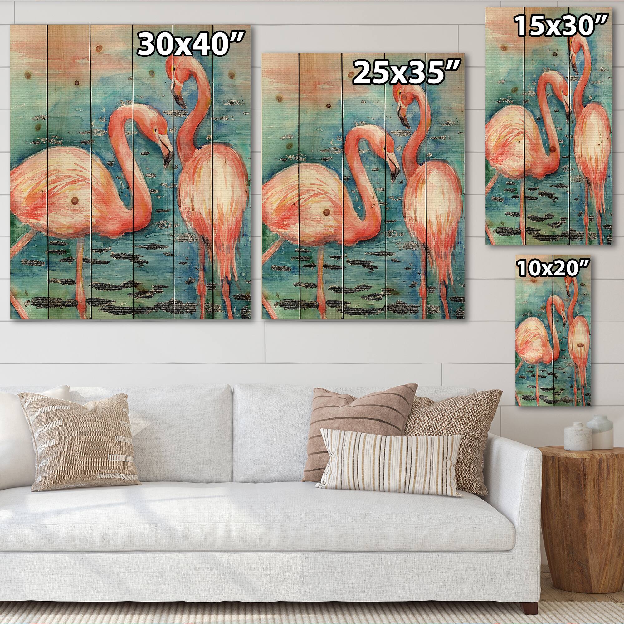 Designart - Pink Flamingos In Blue Water I - Farmhouse Print on Natural Pine Wood