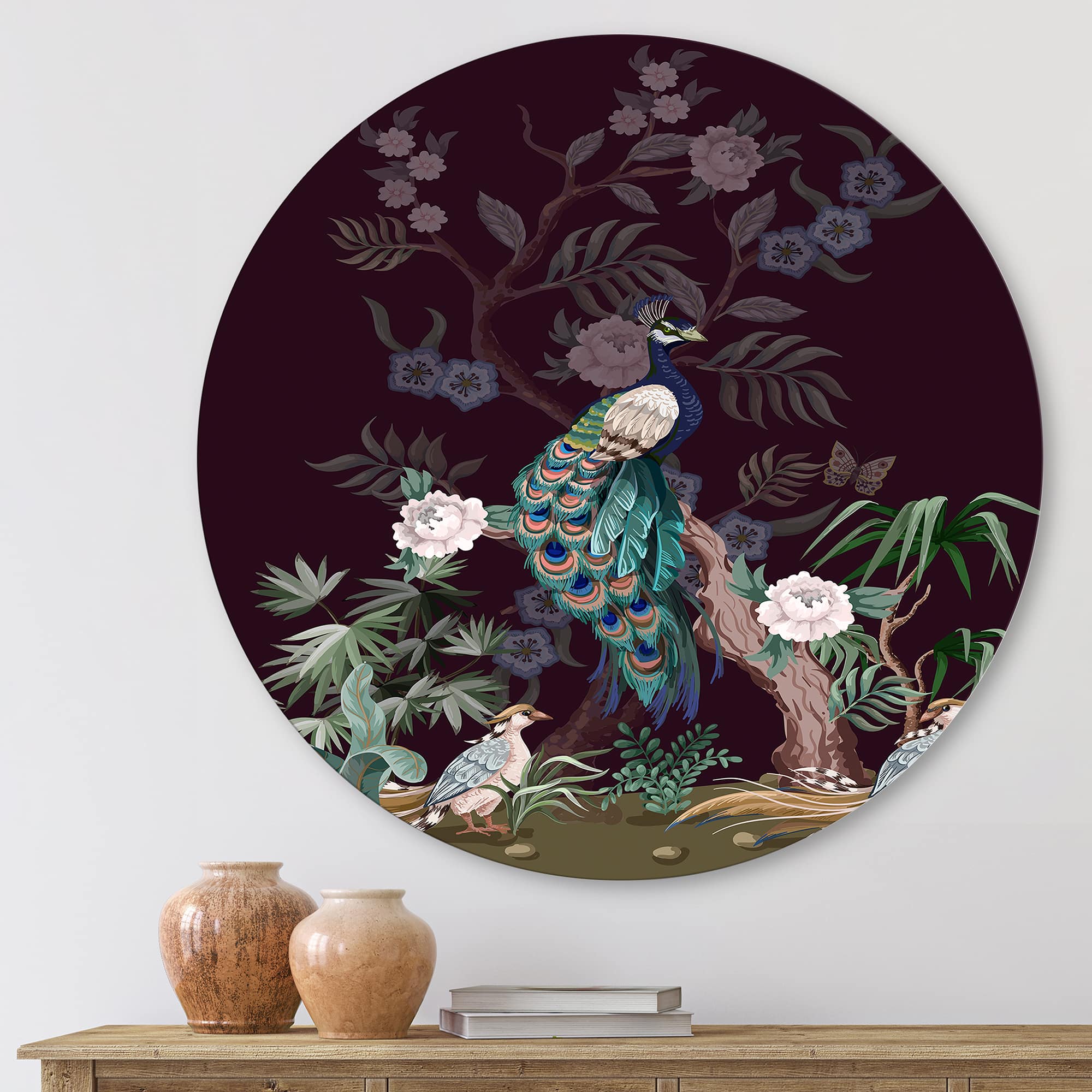 Designart - Chinoiserie With Birds and Peonies V - Traditional Metal Circle Wall Art