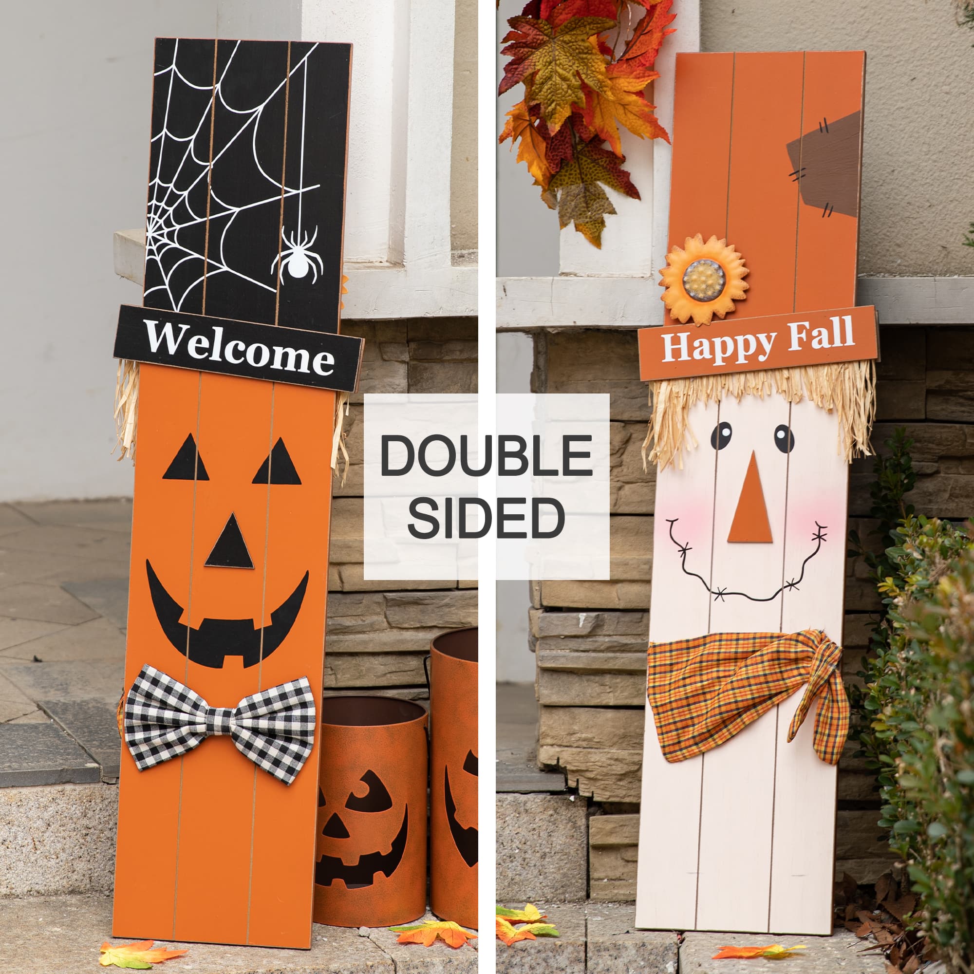 Glitzhome® 36" Double Sided Wooden Scarecrow & Pumpkin Porch Décor For Halloween & Fall