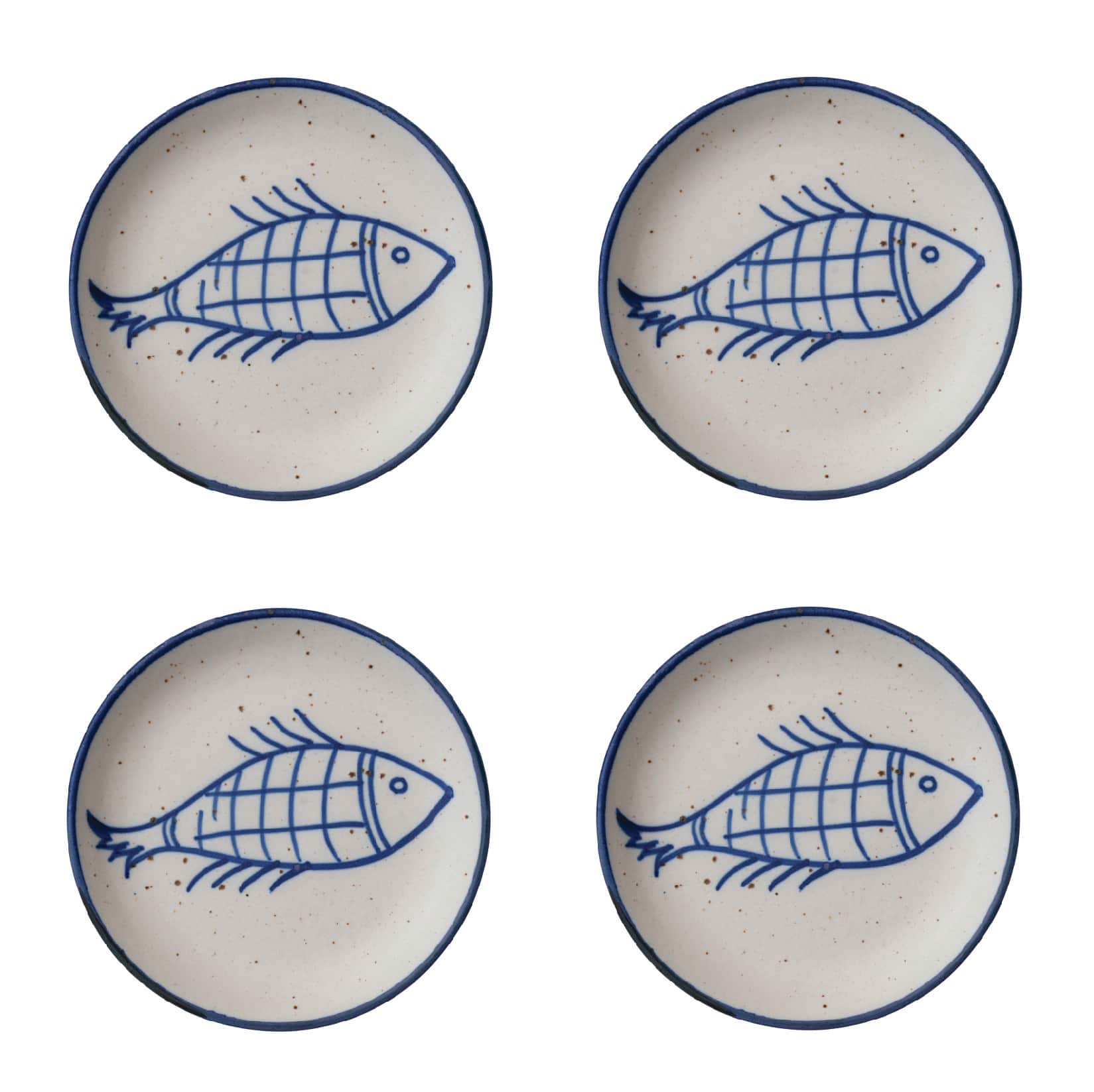 Hello Honey&#xAE; 7&#x22; Blue &#x26; White Fish Design Hand Painted Stoneware Plates , 4ct.