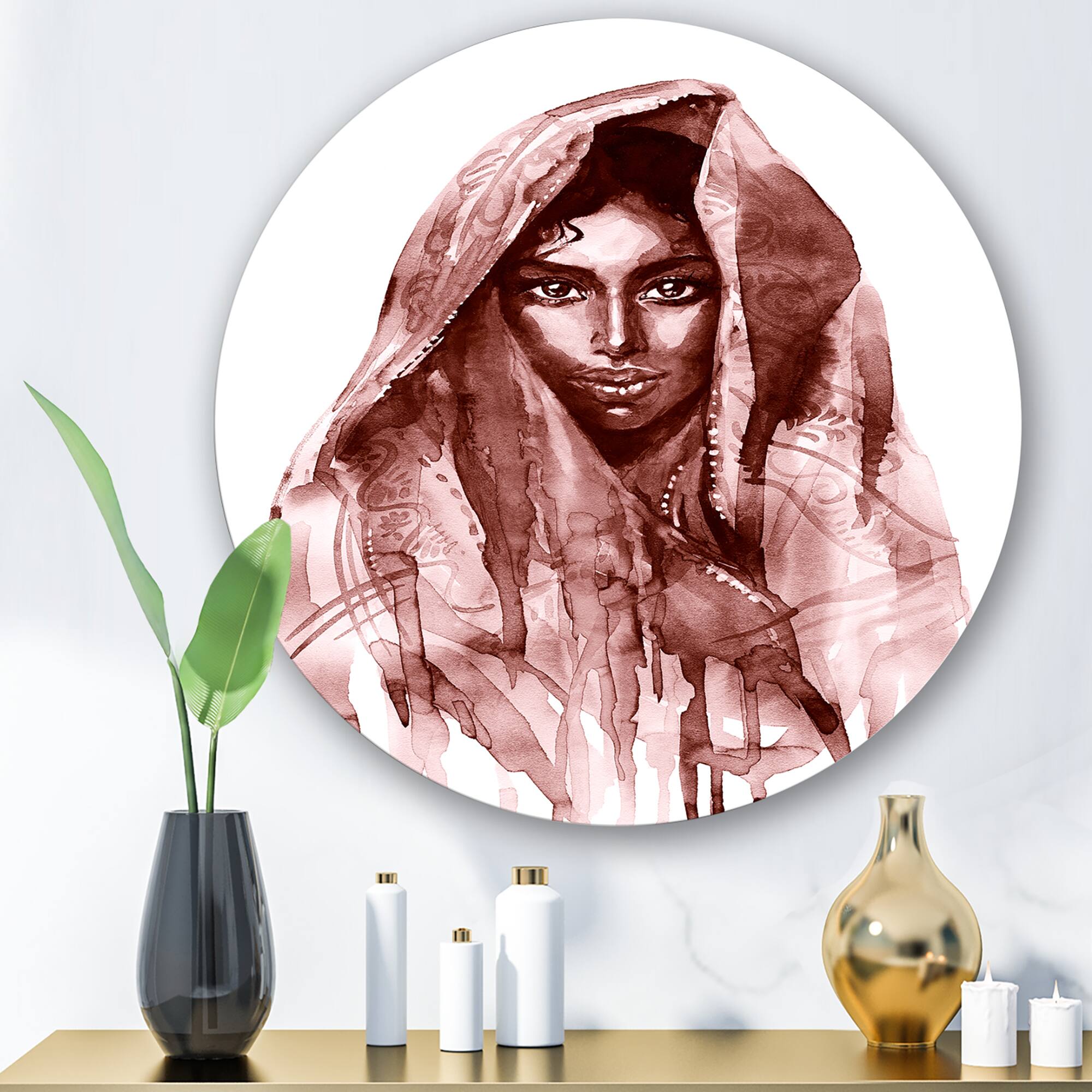 Designart - Monochrome Portrait of Young Indian Woman II - Modern Metal Circle Wall Art