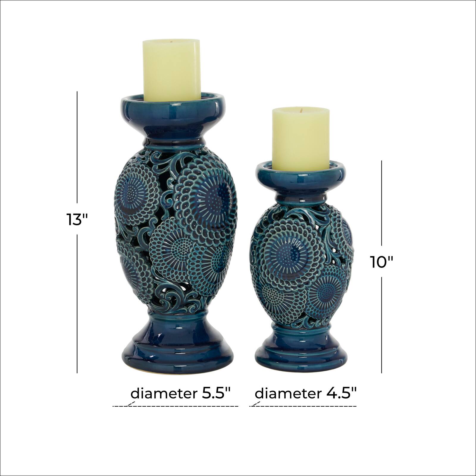 Blue Ceramic Eclectic Candle Holder Set