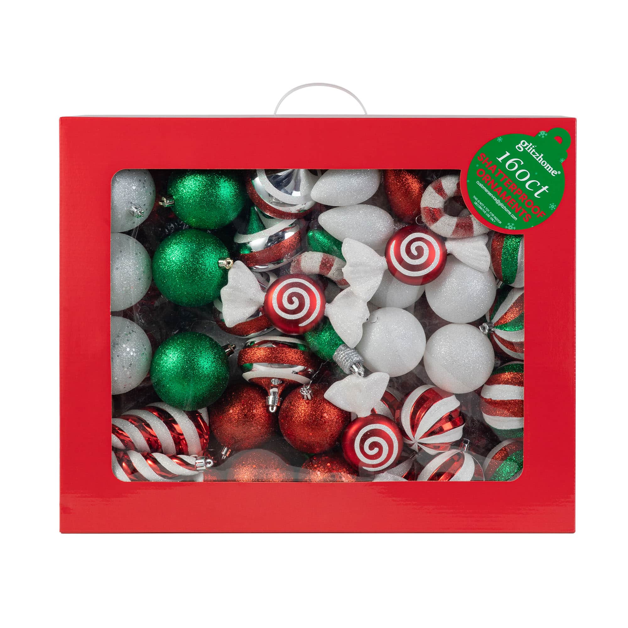Glitzhome&#xAE; 160 Pack Whimsical Red &#x26; Green Deluxe Boxed Shatterproof Ornaments