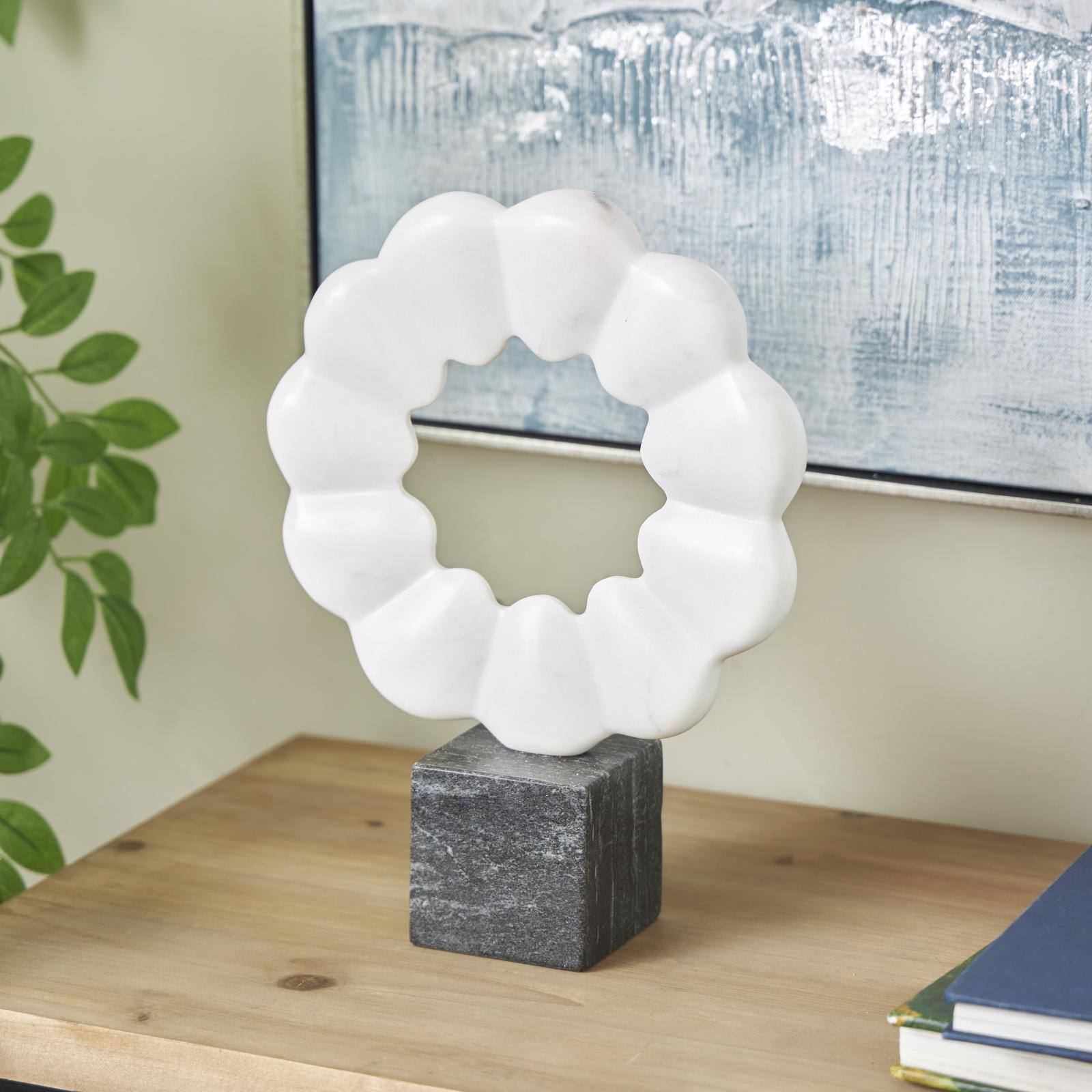 12" White & Black Marble Geometric Floral Inspired Ring Sculpture