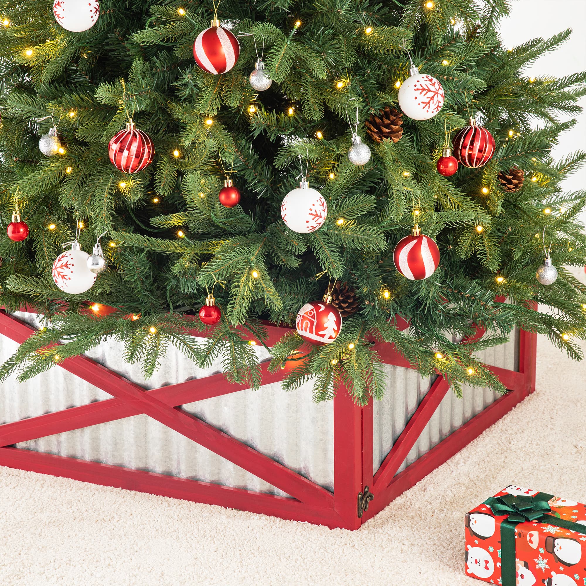 Glitzhome® Silver & Red 26" Corrugated Metal & Wooden Tree Collar