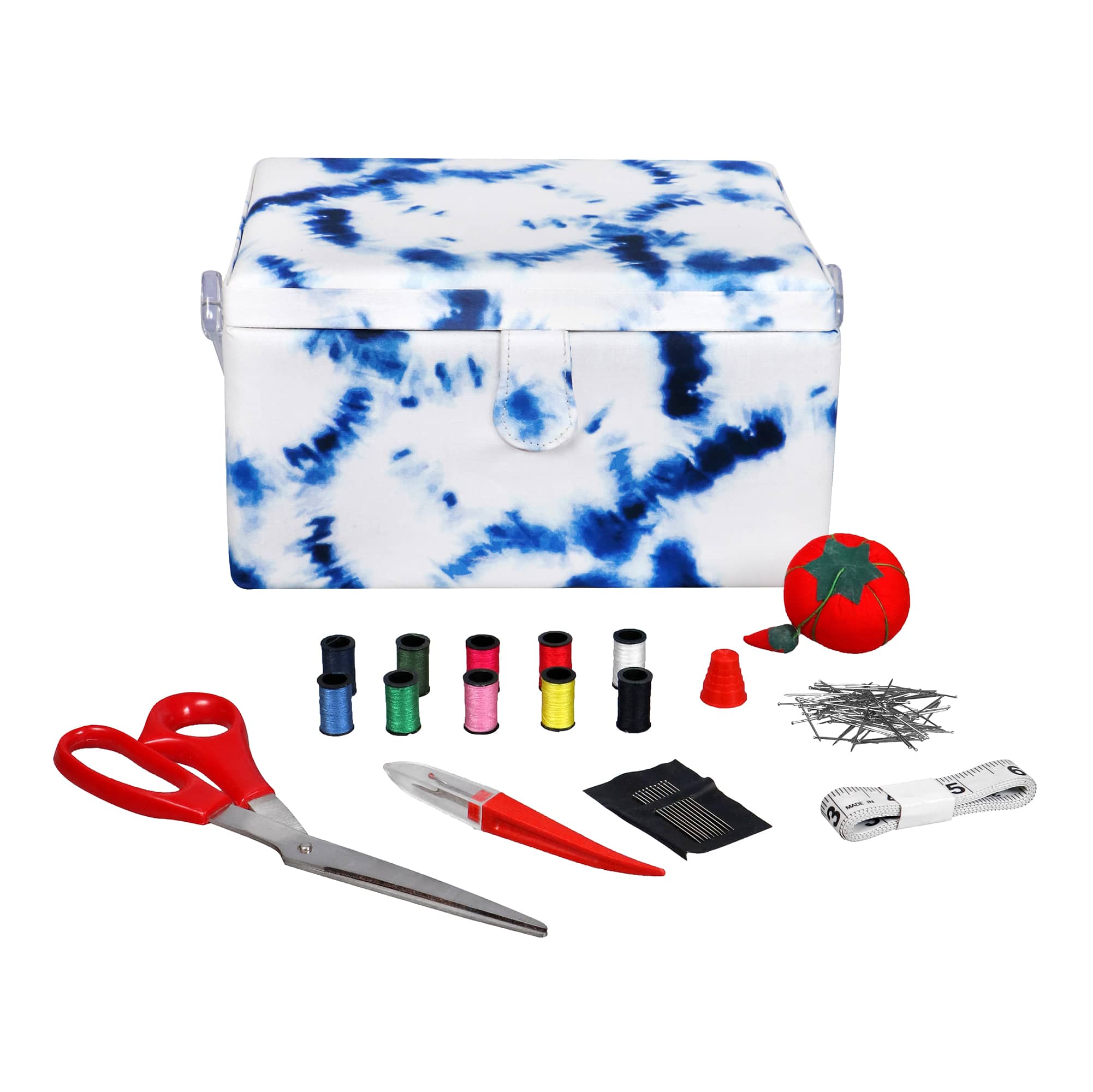 SINGER® Large Blue & White Tie Dye Print Sewing Basket with Sewing Kit