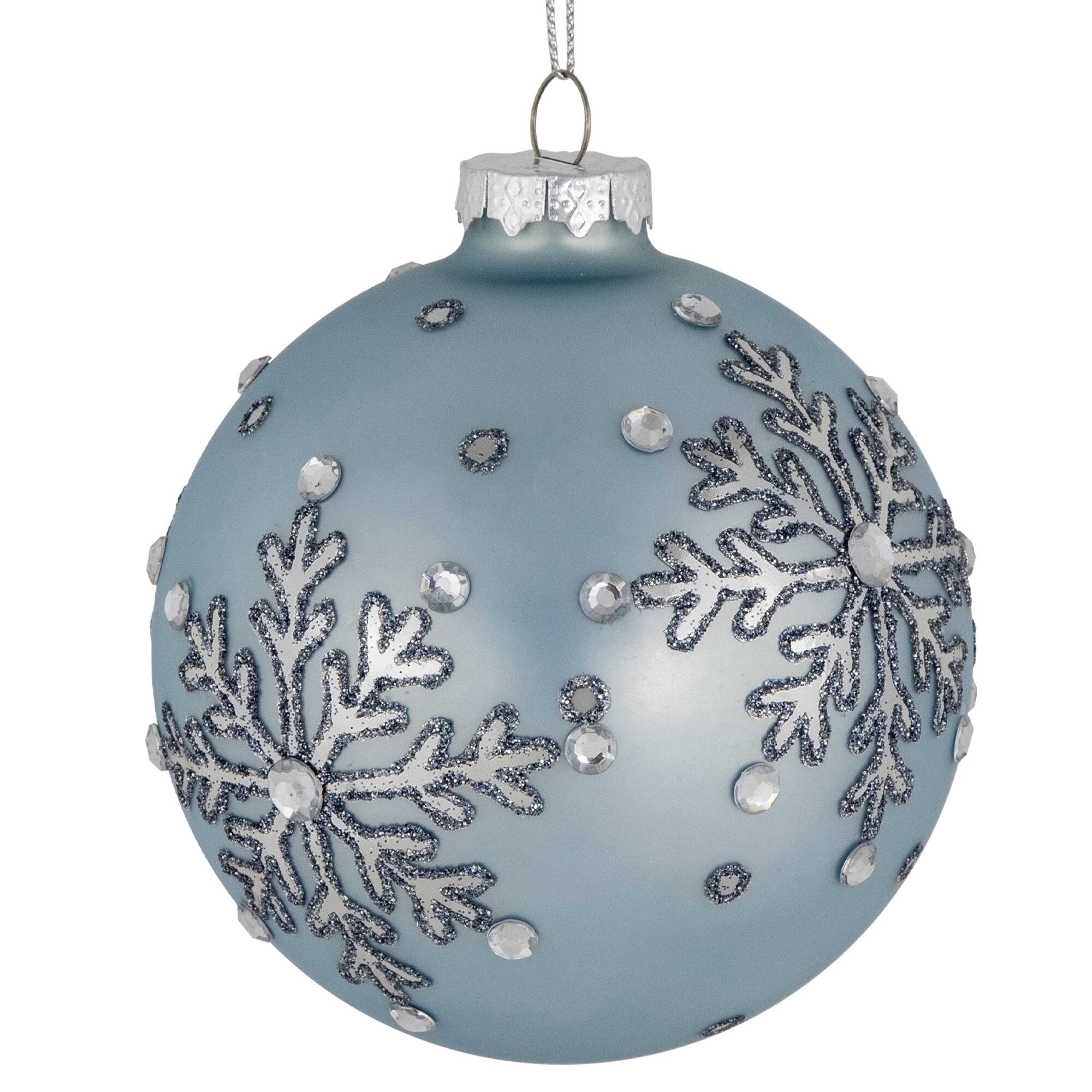 2ct. 4&#x22; Light Blue Jeweled Reflective Snowflakes Glass Ball Ornaments