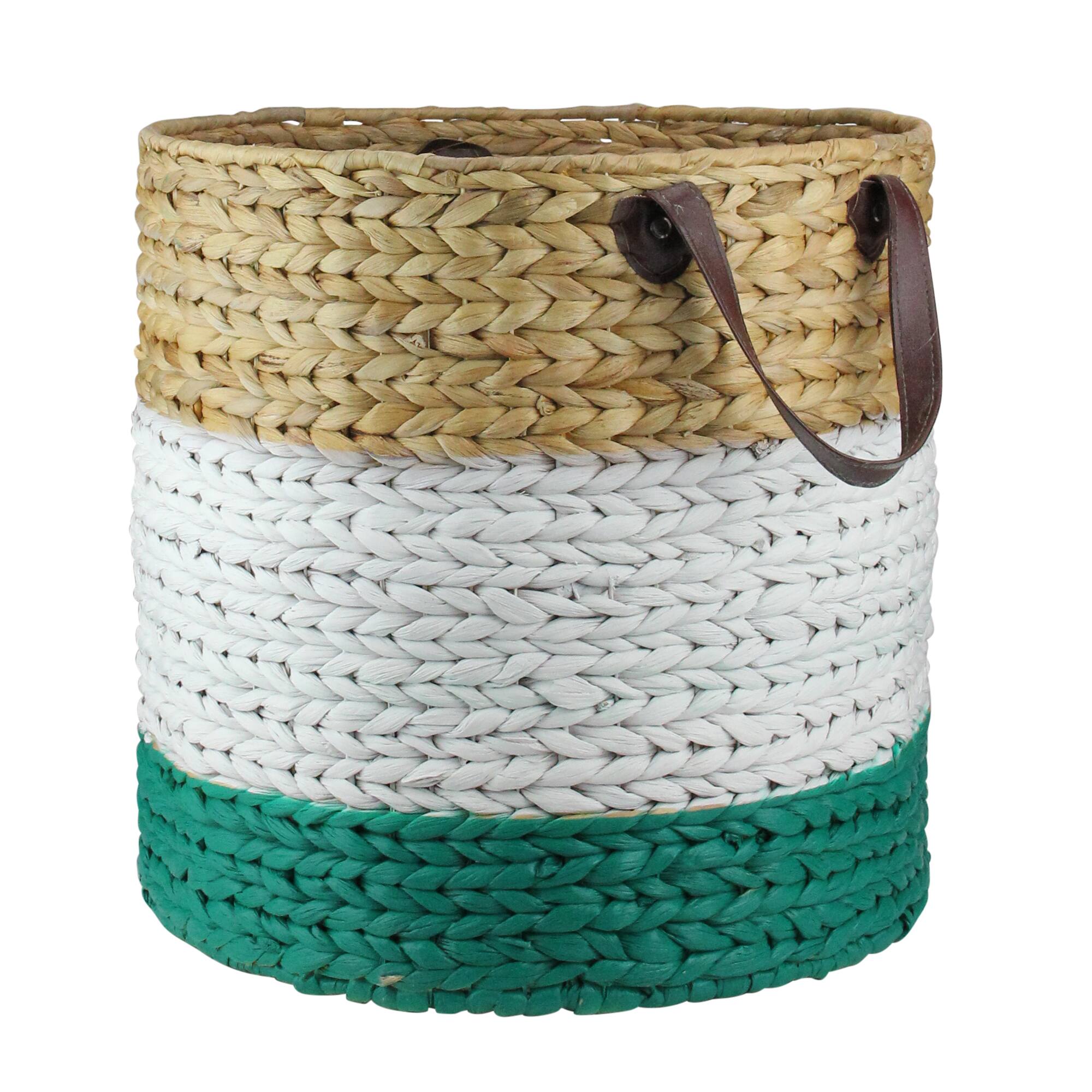 21" Beige, White & Teal Braided Wicker Basket with Handles