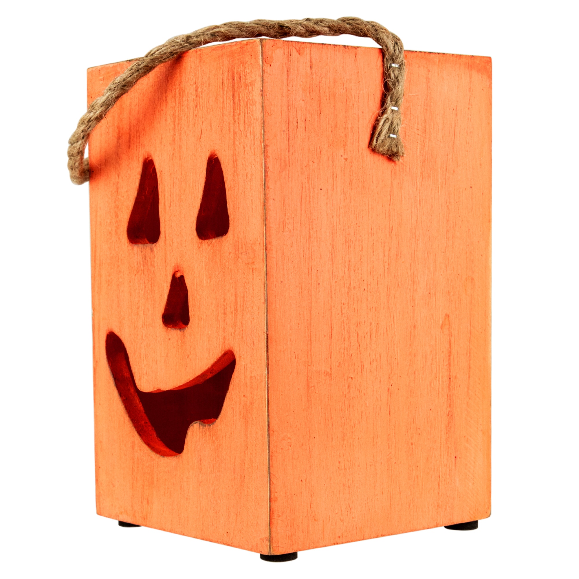 8&#x22; Large Orange Wood Jack-O-Lantern Halloween Candle Lantern