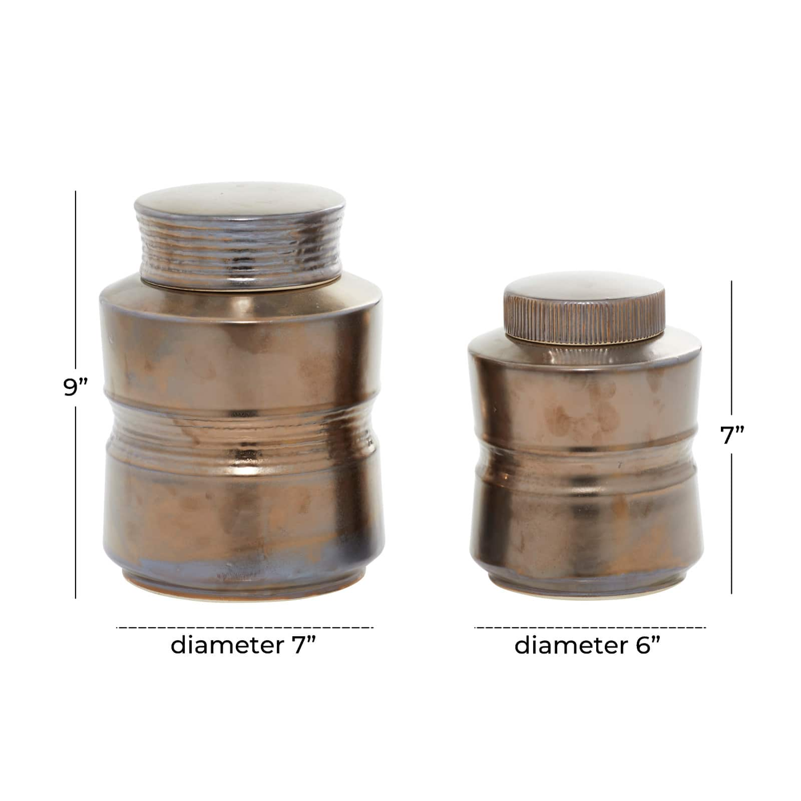 Set of 2&#x22; Bronze Ceramic Contemporary Decorative Jars, 9&#x22;, 7&#x22;