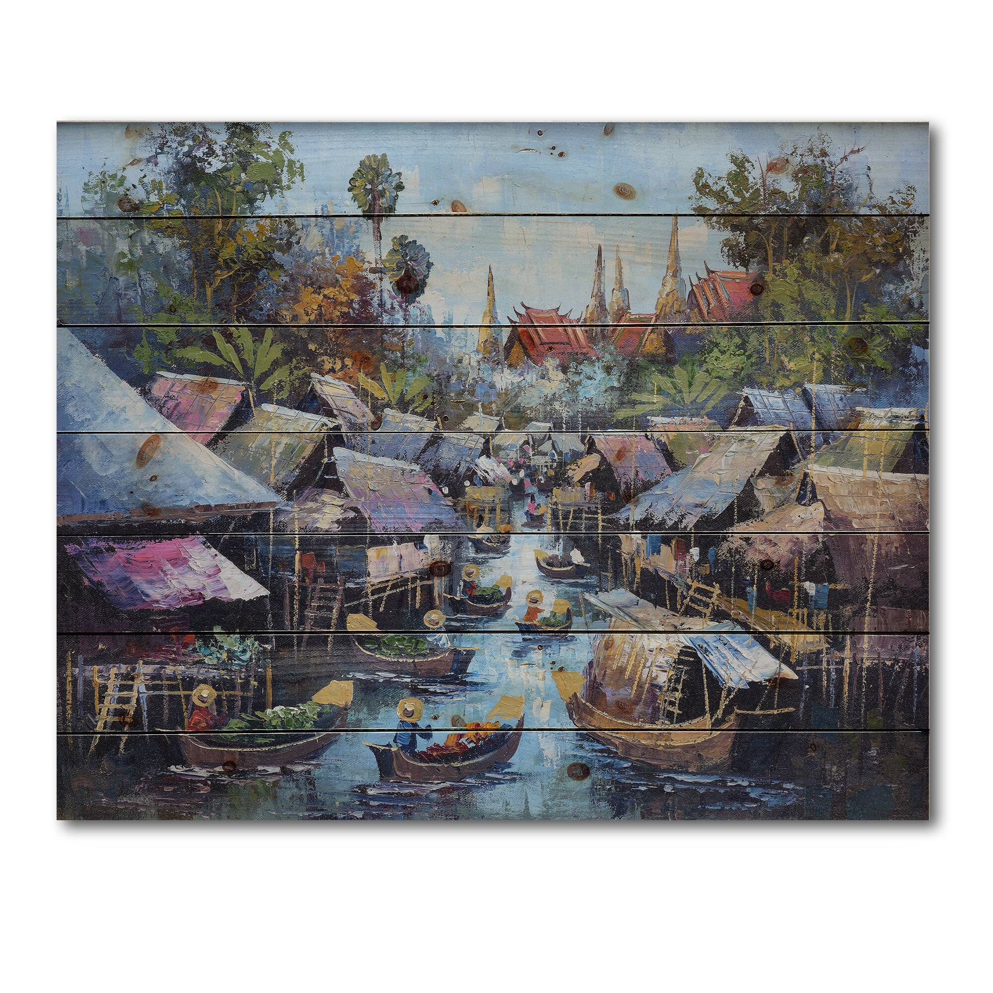 Designart - Vintage Waterside Life I - Traditional Print on Natural Pine Wood