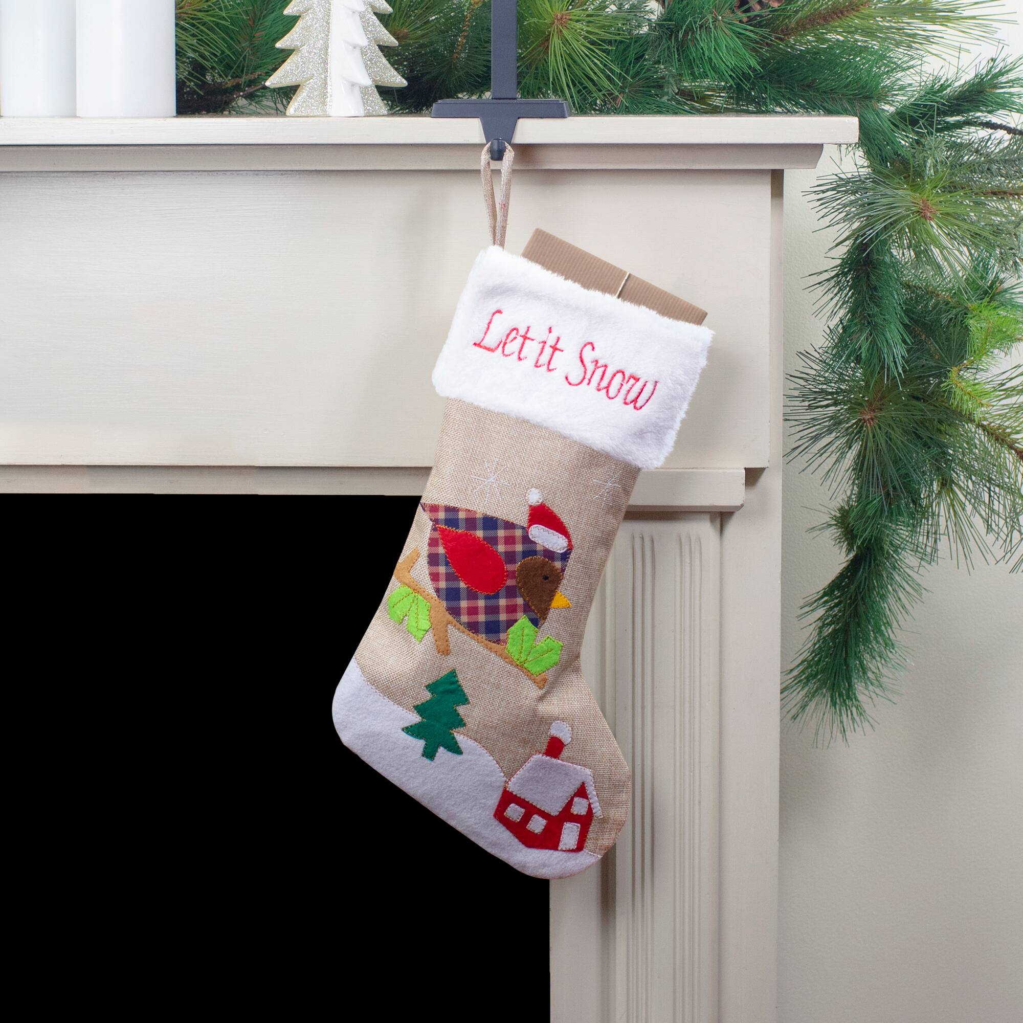 19&#x22; Let It Snow Bird Burlap Christmas Stocking