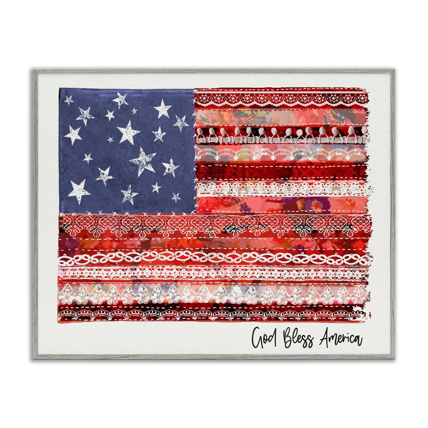 Stupell Industries God Bless America Phrase Macrame Pattern Flag Framed Giclee Art