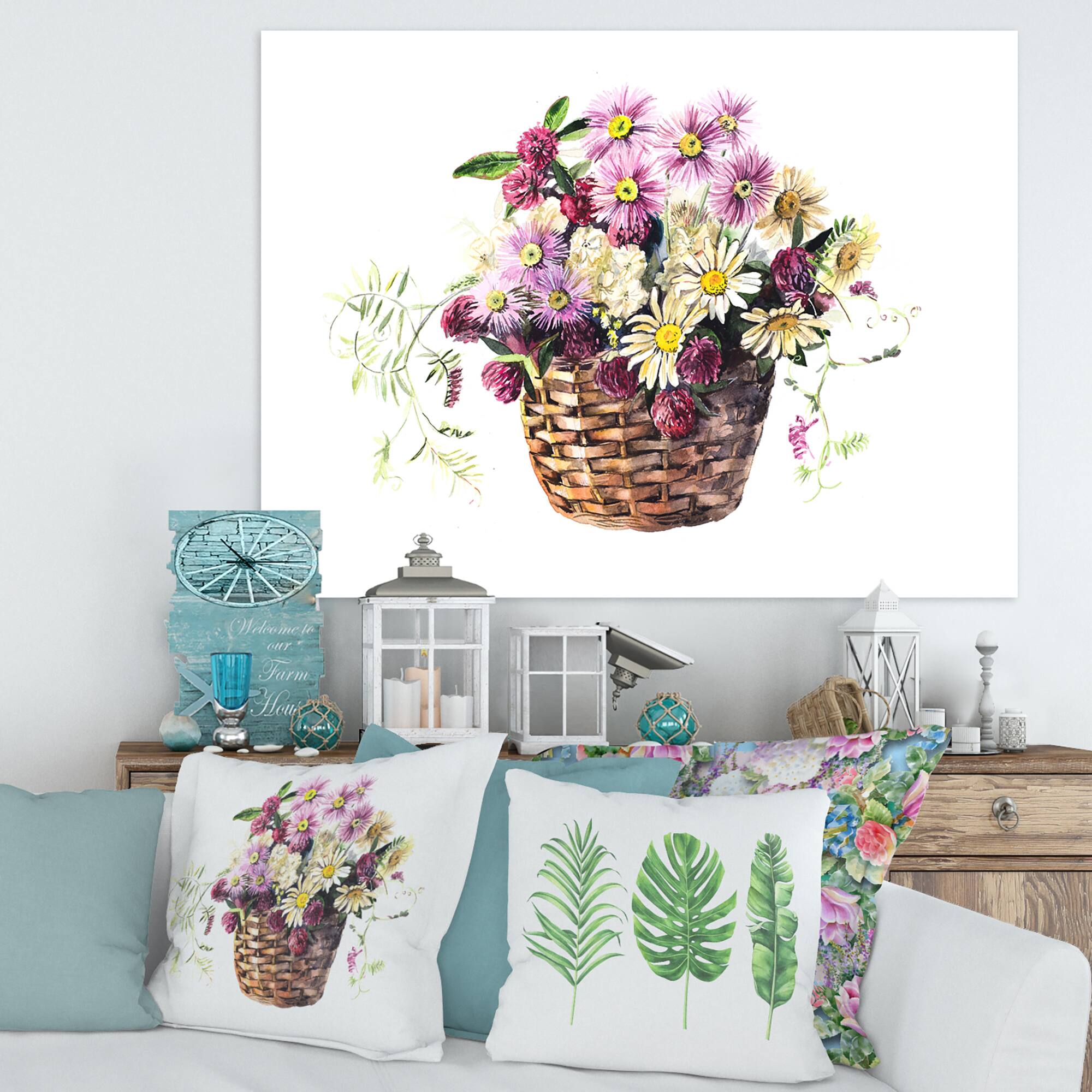Designart - Bouquet From Meadow Flowers In The Basket - Traditional Canvas Wall Art Print