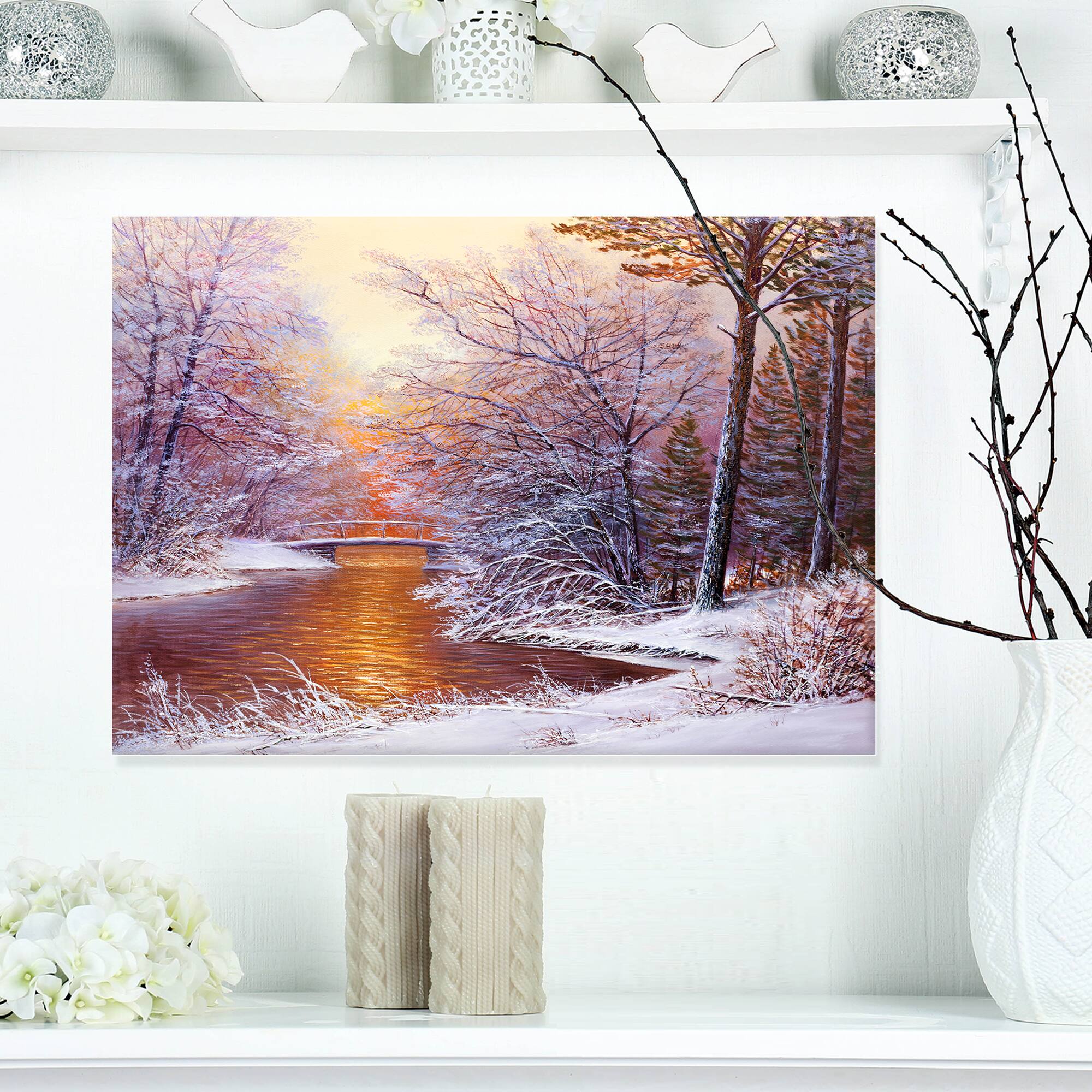 Designart - Winter Landscape with River - Landscapes Painting Print on Wrapped Canvas