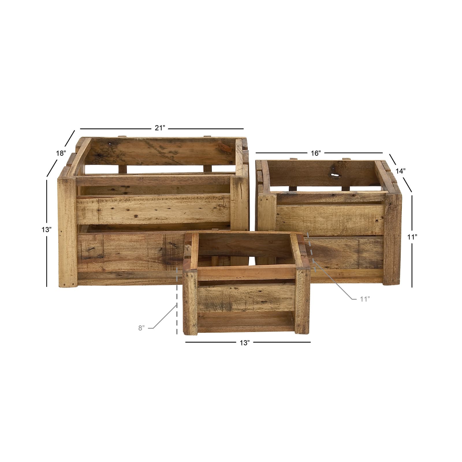 Set of 3 Brown Wood Farmhouse Storage Basket, 21&#x22;, 16&#x22;, 13&#x22;