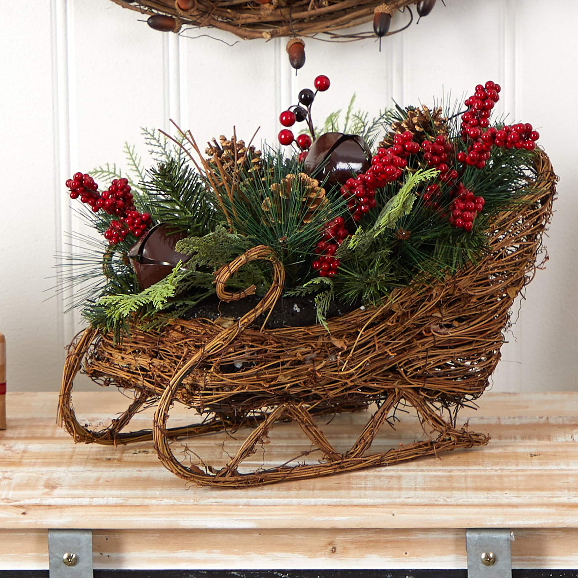 18" Sleigh Pinecones & Berries Artificial Christmas Arrangement