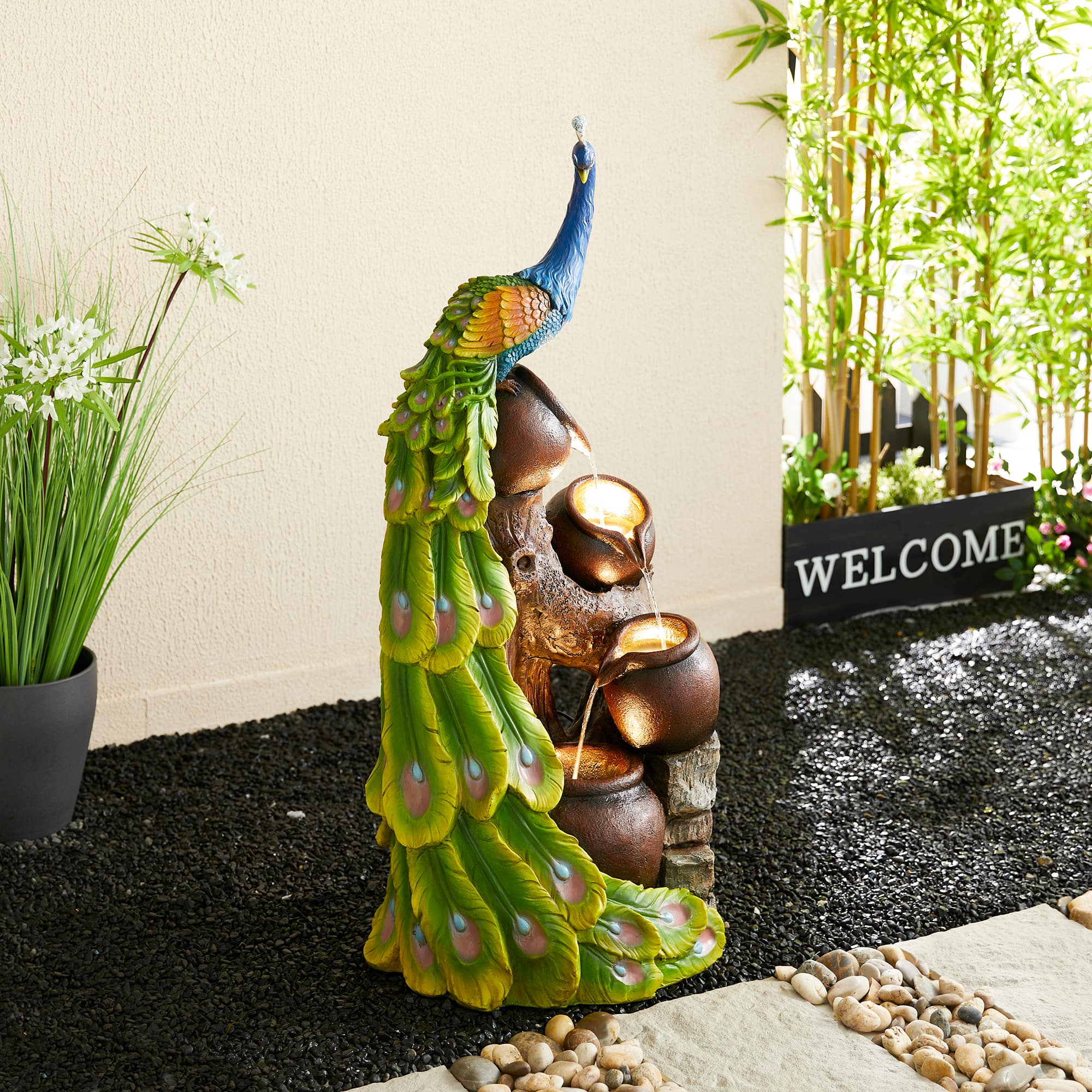 Glitzhome&#xAE; 40&#x22; LED 4-Tier Peacock &#x26; Jars Outdoor Floor Fountain