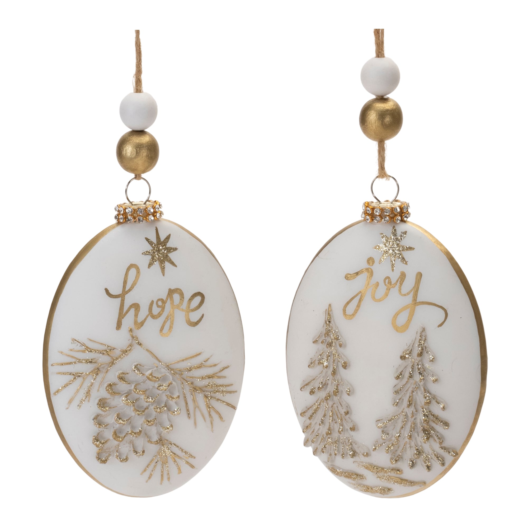 Hope &#x26; Joy Glittered Glass with Wood Beads Ornament Set