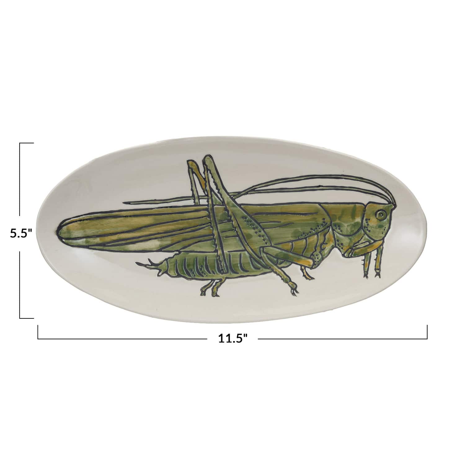 11.5&#x22; Green &#x26; White Hand-Painted Grasshopper Stoneware Plate