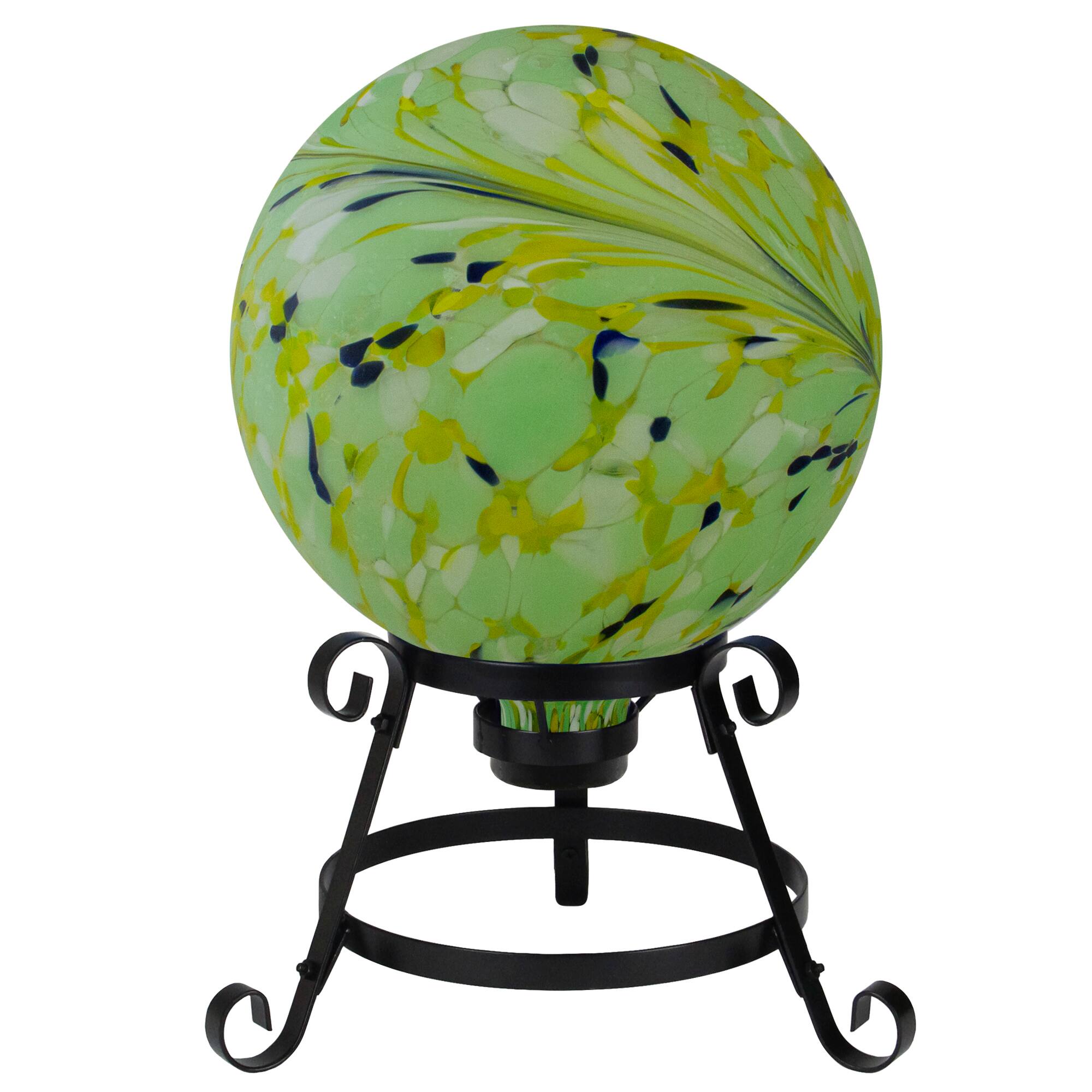 10" Yellow and Green Hand Painted Swirled Glass Garden Gazing Ball
