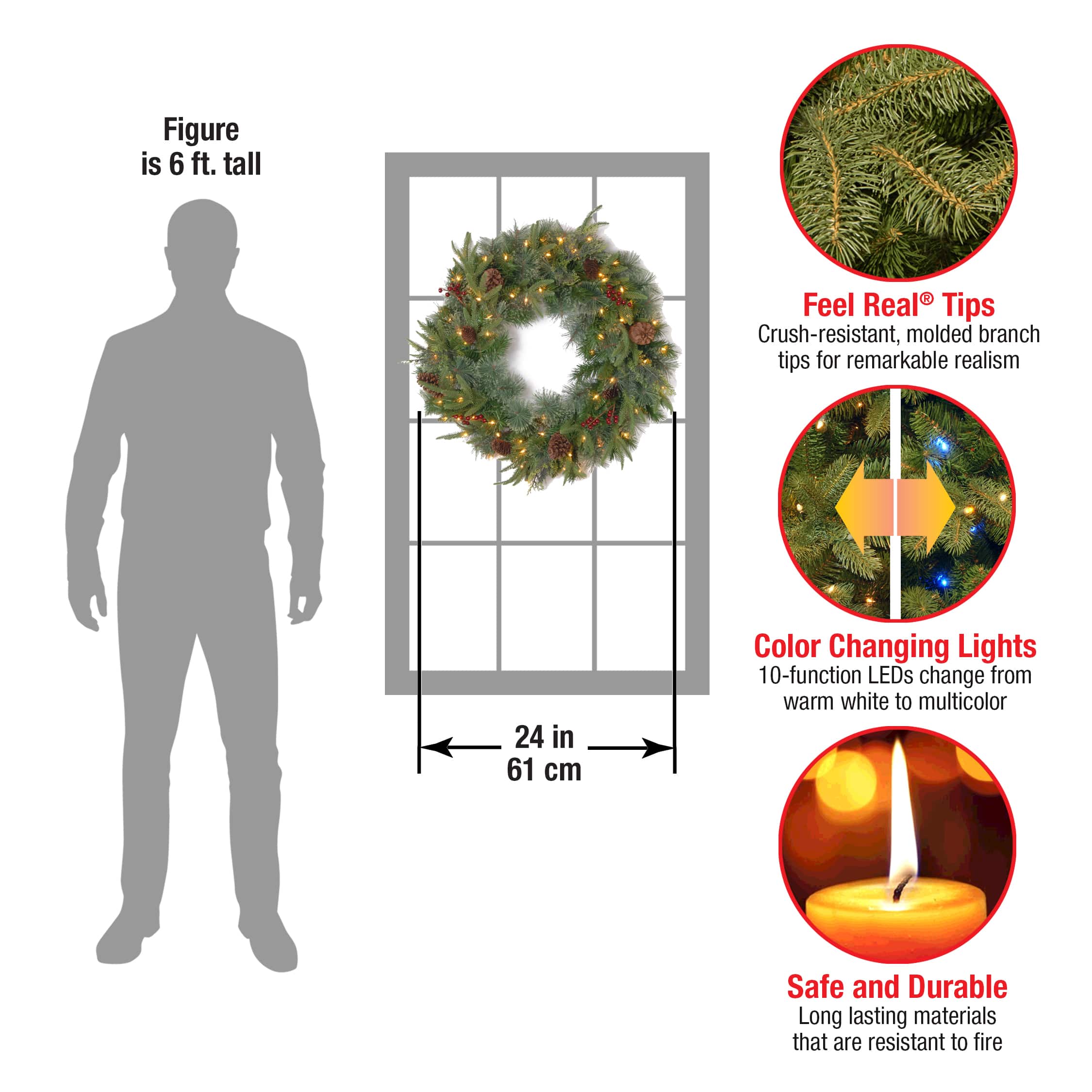 24" Feel Real® Colonial Wreath with Pine Cones, Red Berries & Dual Color LED Lights