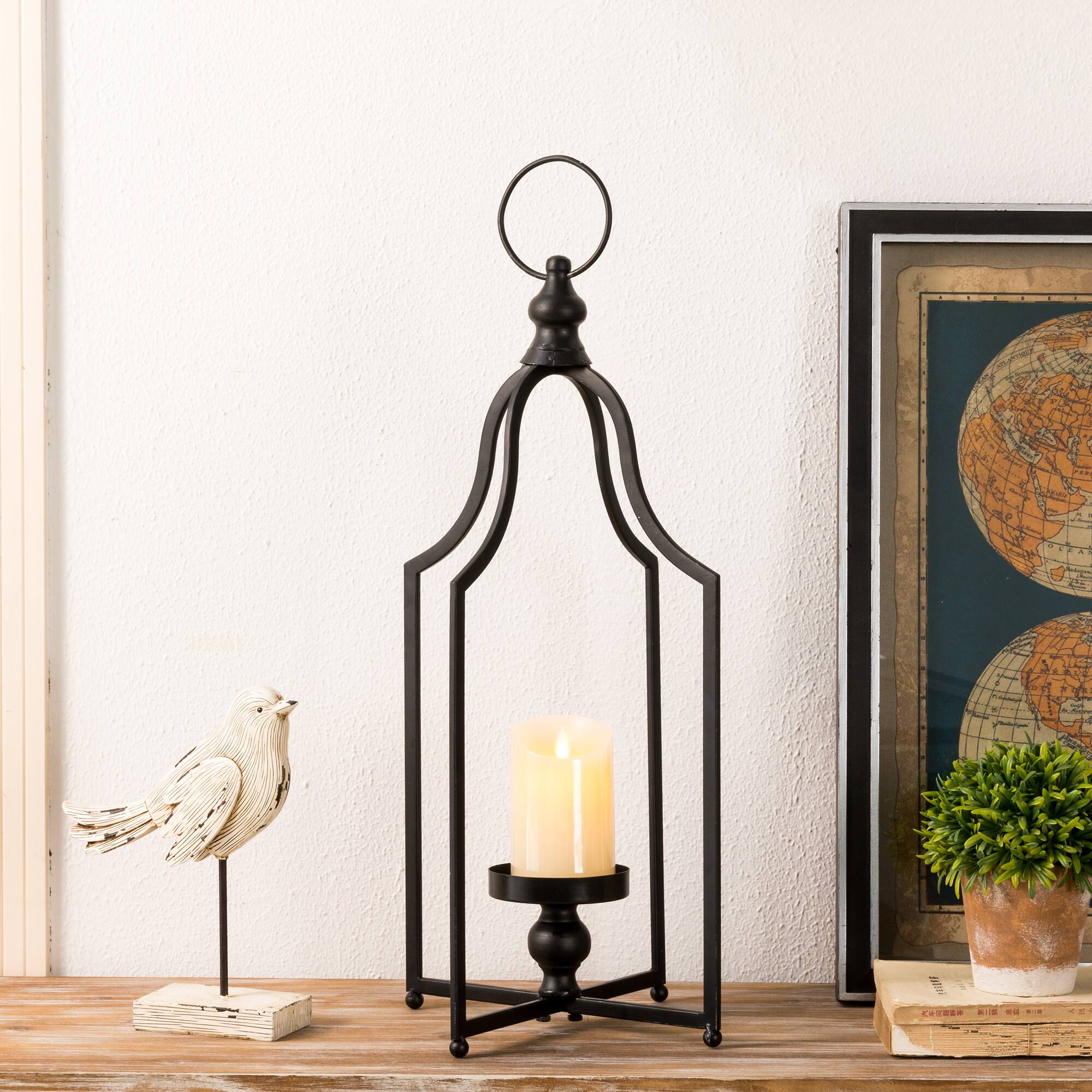 22" Modern Farmhouse Black Metal Candle Lantern