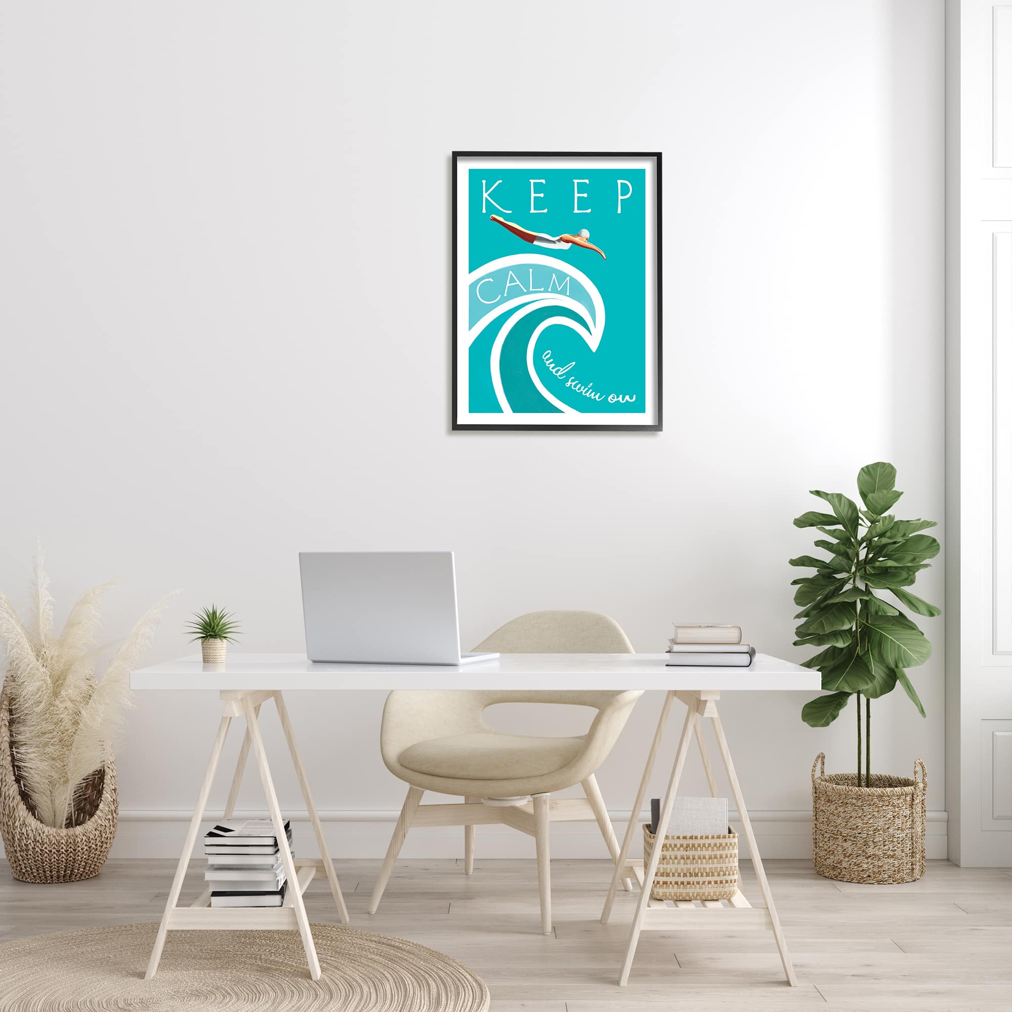 Stupell Industries Keep Calm Swim On Phrase Female Diver Blue Wave in Black Frame Wall Art