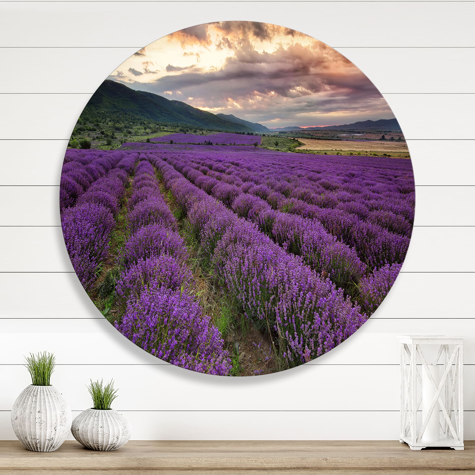 Designart - Lavender Field At Dawn I - Farmhouse Metal Circle Wall Art