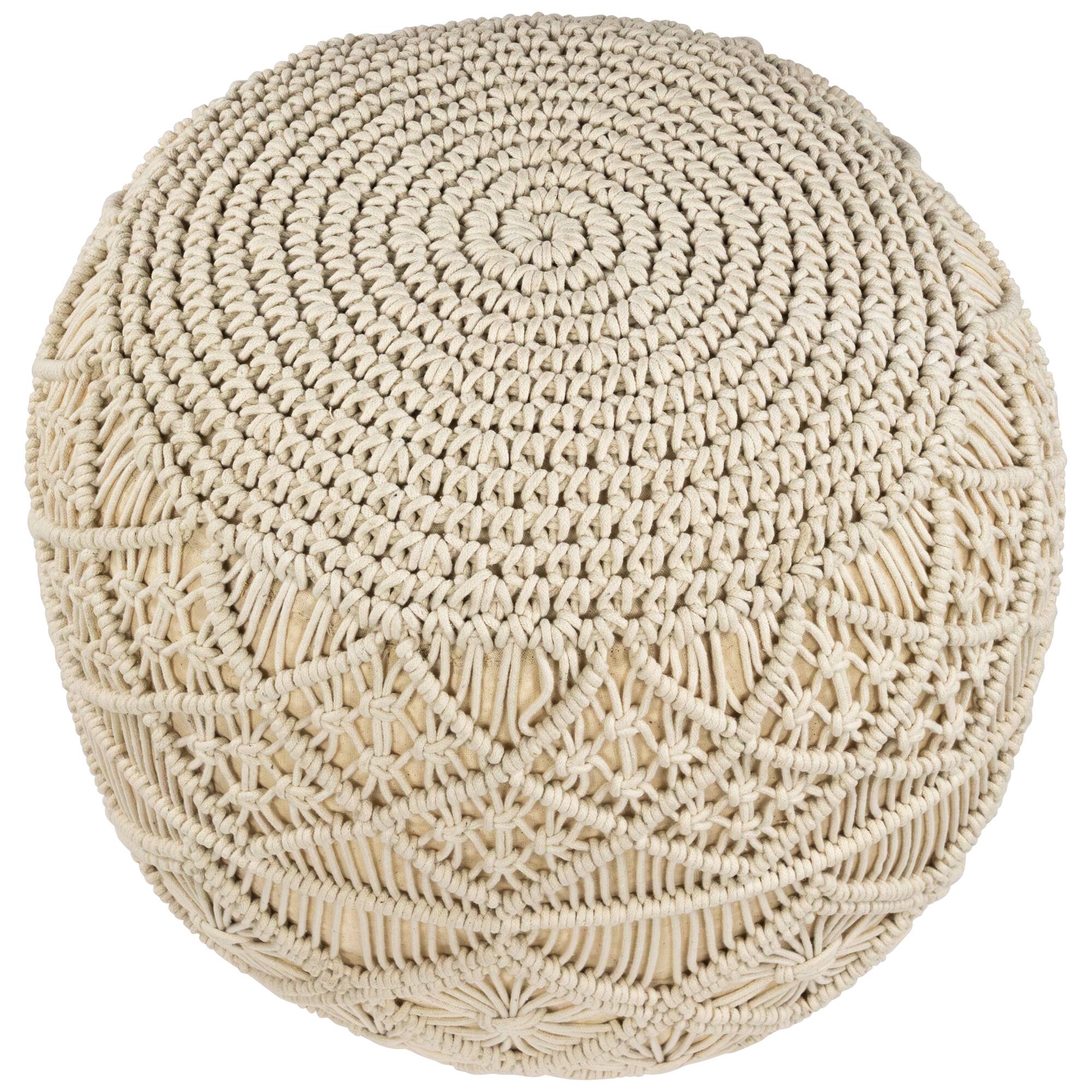 18&#x22; Cream Macram&#xE9; Round Natural Cotton Pouf