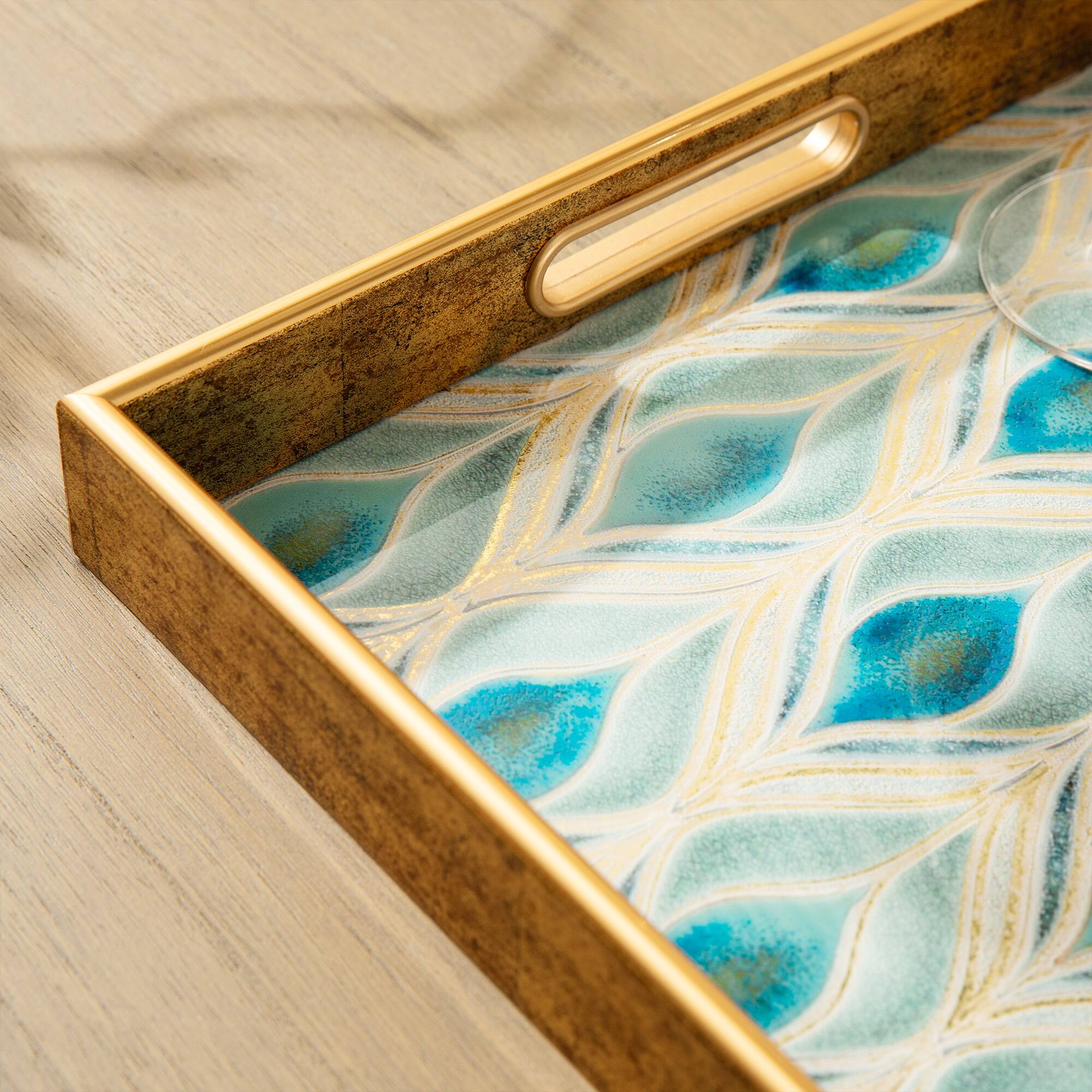 Glitzhome&#xAE; Rectangle Peacock Feathers Patterned Decorative Trays Set