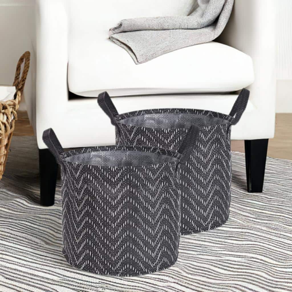 DII&#xAE; Small Round Black &#x26; White Tribal Chevron PE-Coated Woven Paper Laundry Bin, 2ct.