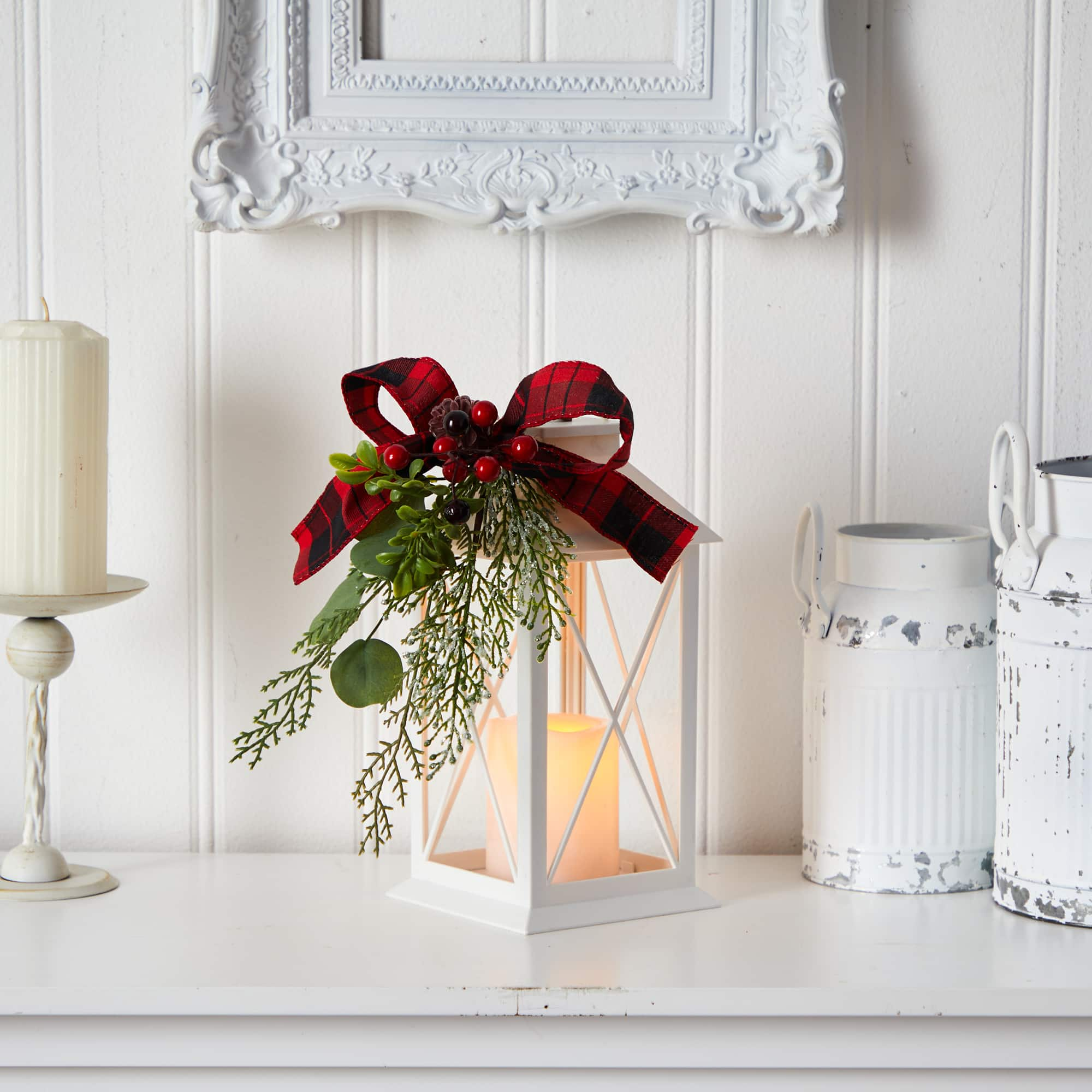 12&#x22; White Lantern with Berries, Pine &#x26; Plaid Bow Artificial Christmas Table Arrangement with LED Candle