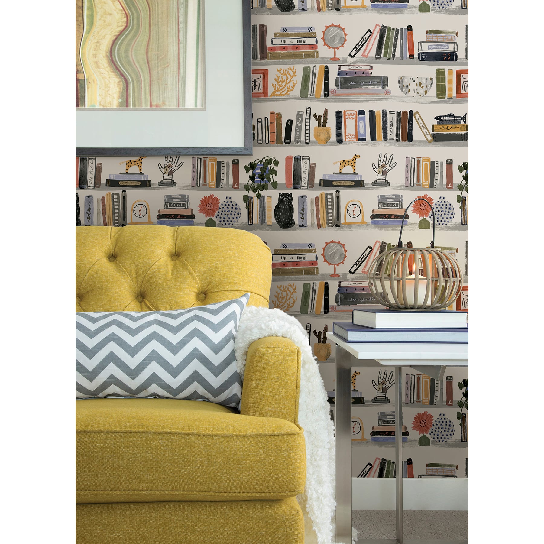 NuWallpaper Painterly Yellow Shelf Stories Novelty Peel & Stick Wallpaper