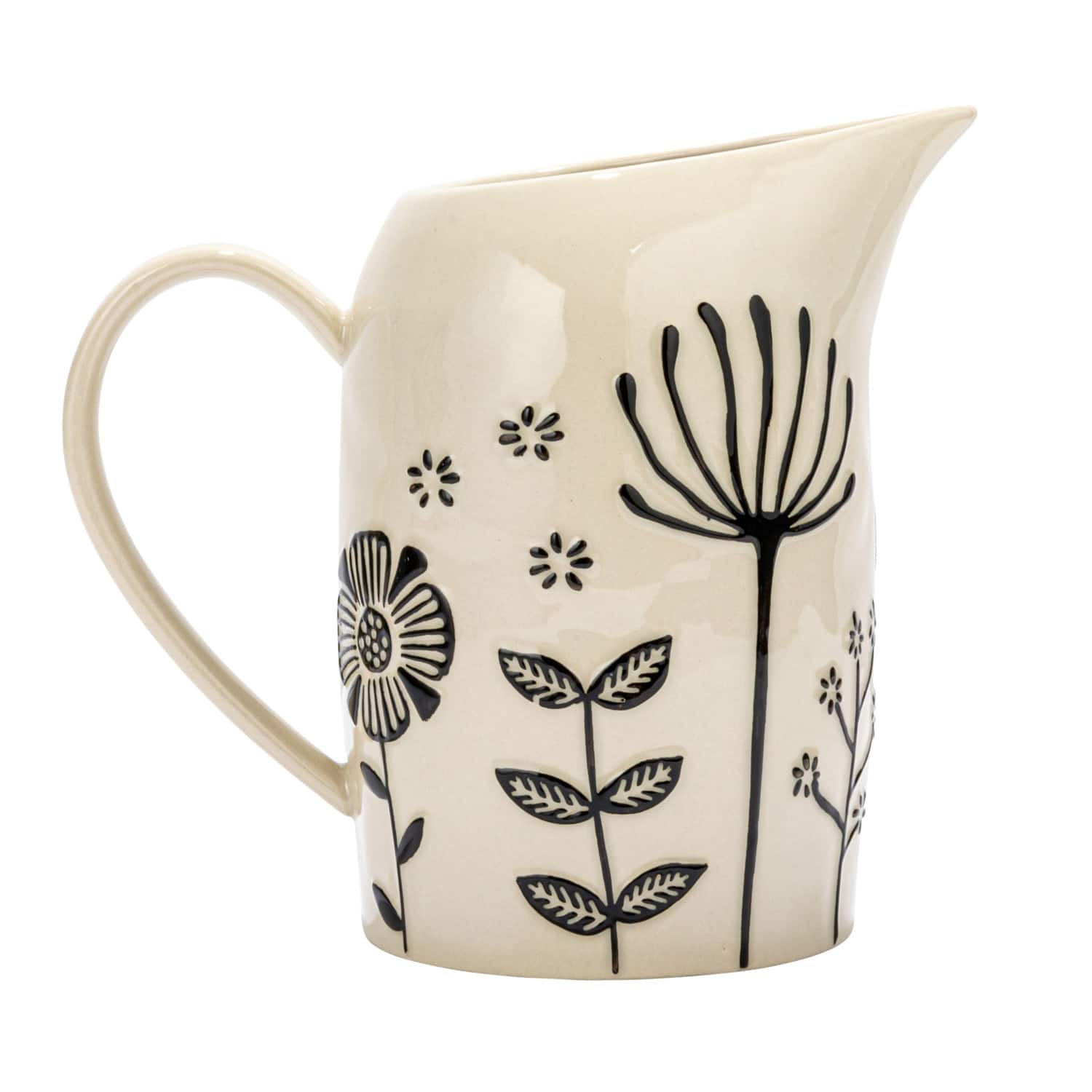 62oz. Cream &#x26; Black Hand-Painted Embossed Flowers Stoneware Pitcher