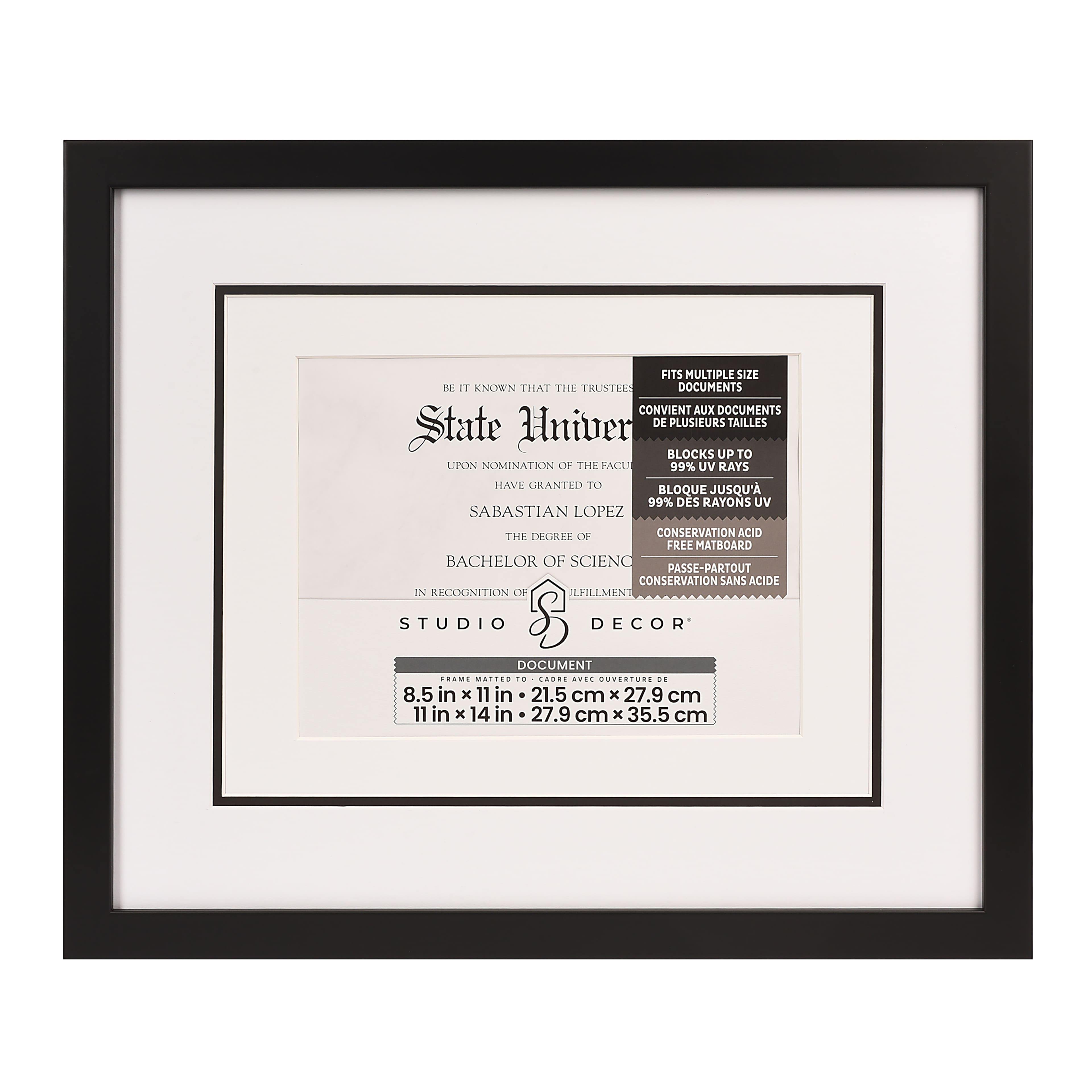 6 Pack: 8.5" x 11" / 11" x 14" Black Document Frame with White Triple Mat by Studio Décor®