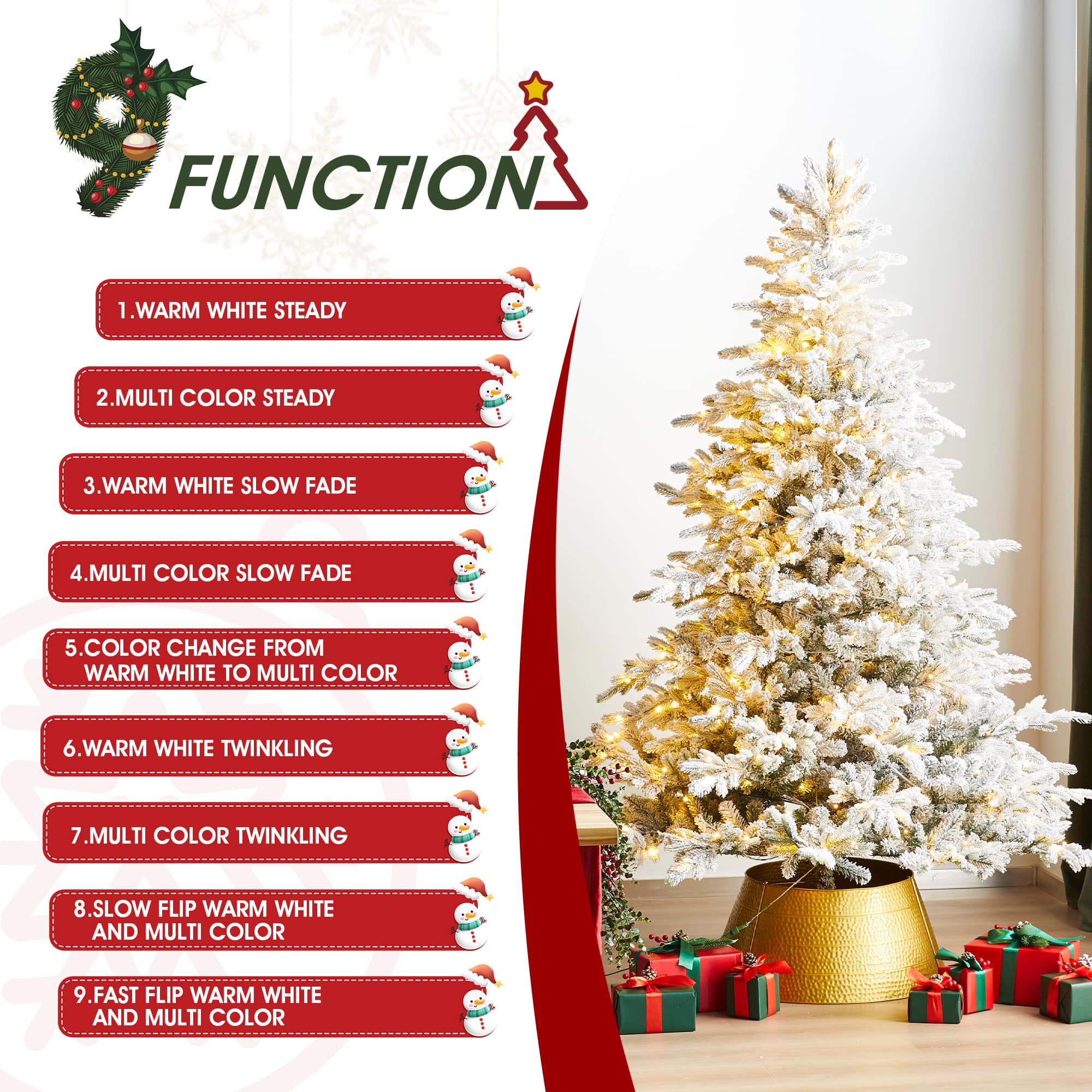 Glitzhome&#xAE; 7.5ft Pre-Lit Flocked Full Fir Artificial Christmas Tree, Multicolor LED Lights