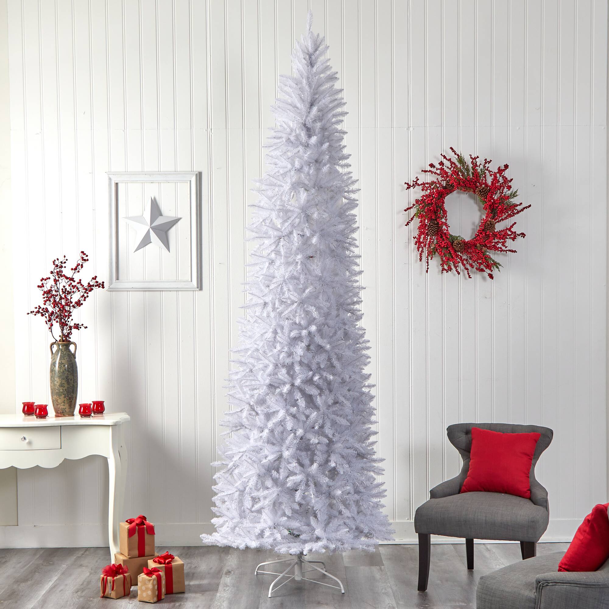 10ft. Pre-Lit Slim White Artificial Christmas Tree, Warm White LED Lights