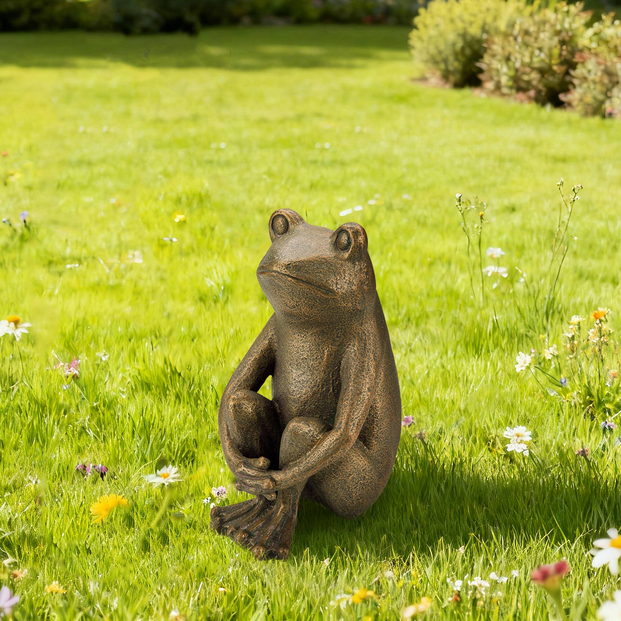 Glitzhome® 12" Resin Bronze Squatting Frog Statue