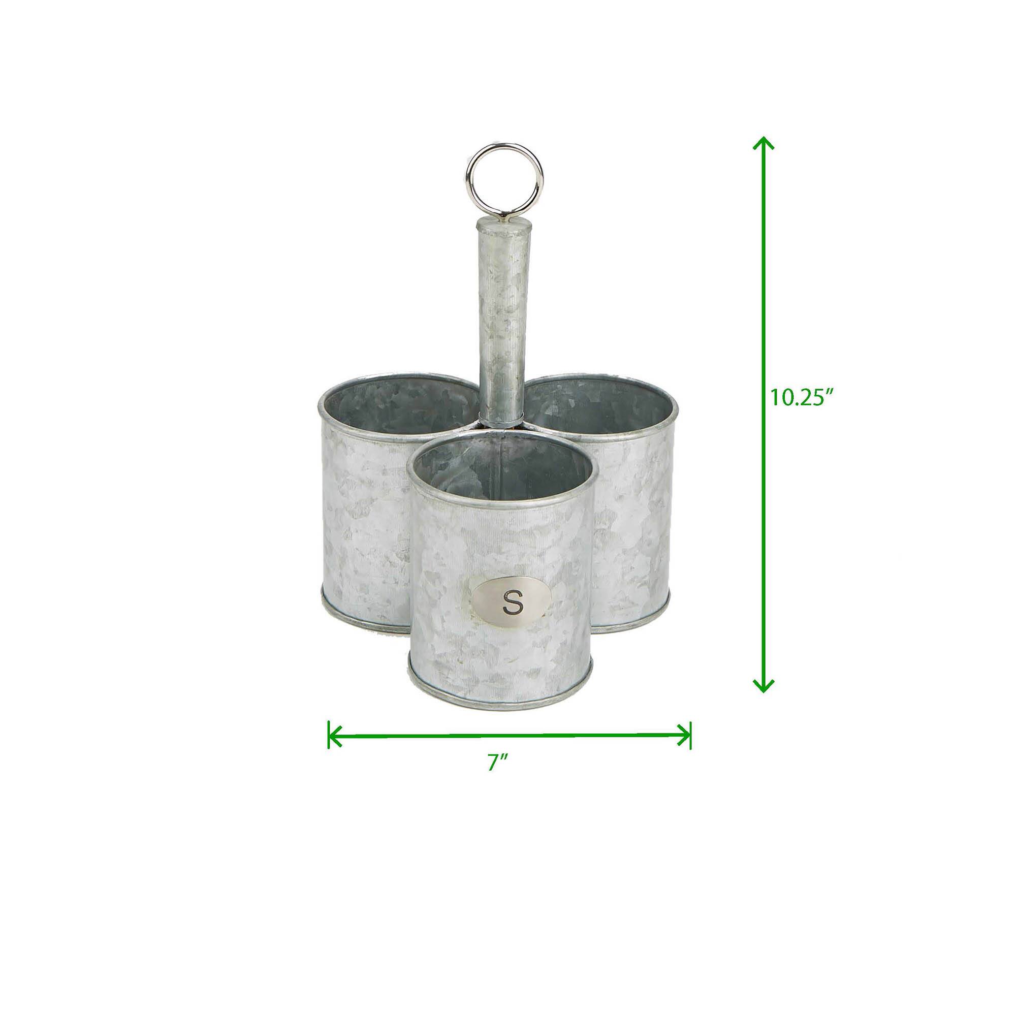 Mind Reader Silver 3-Section Round Galvanized Steel Utensil Holder with Handle