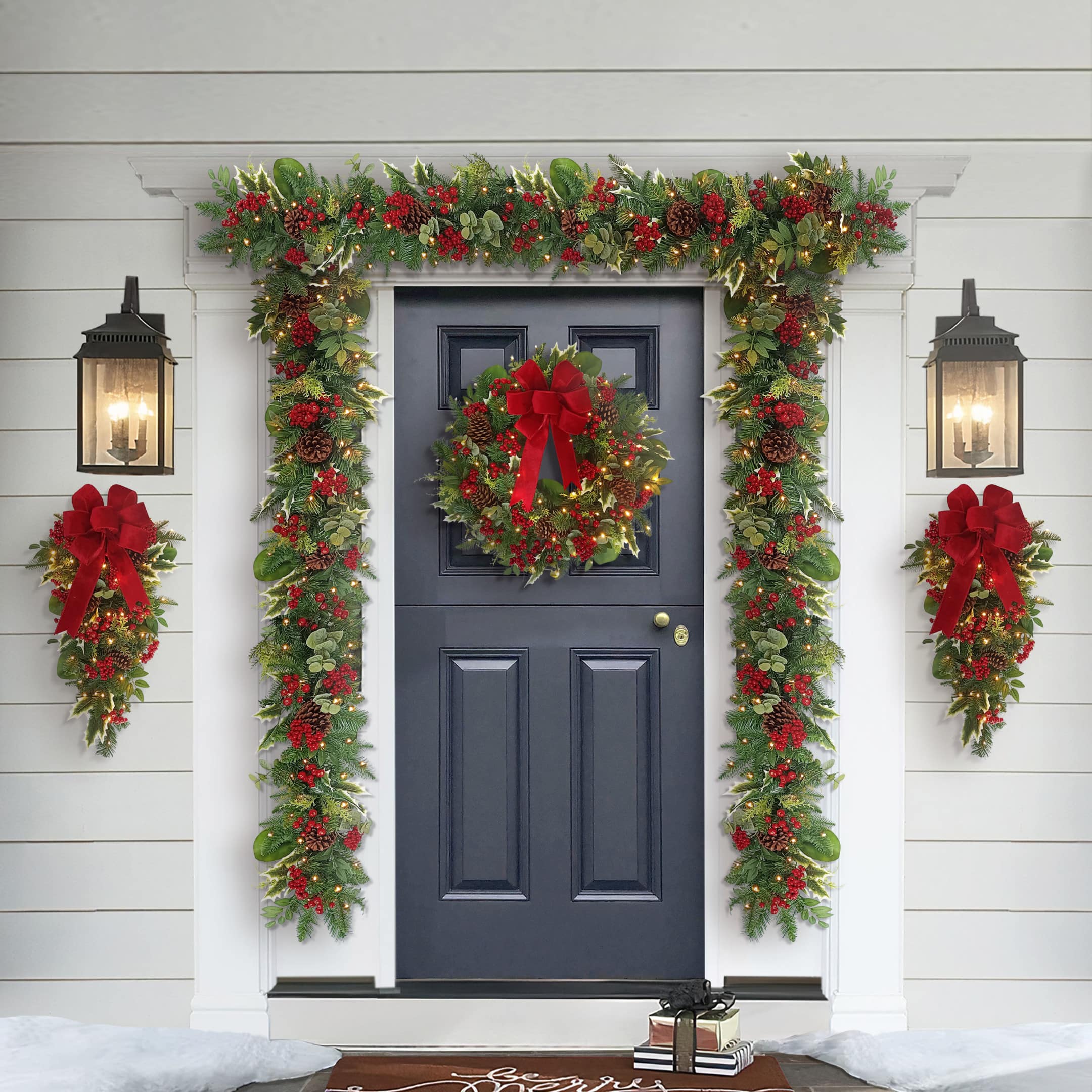 26&#x22; Battery-Operated Pre-Lit Decorated Artificial Wreath with Red Bow