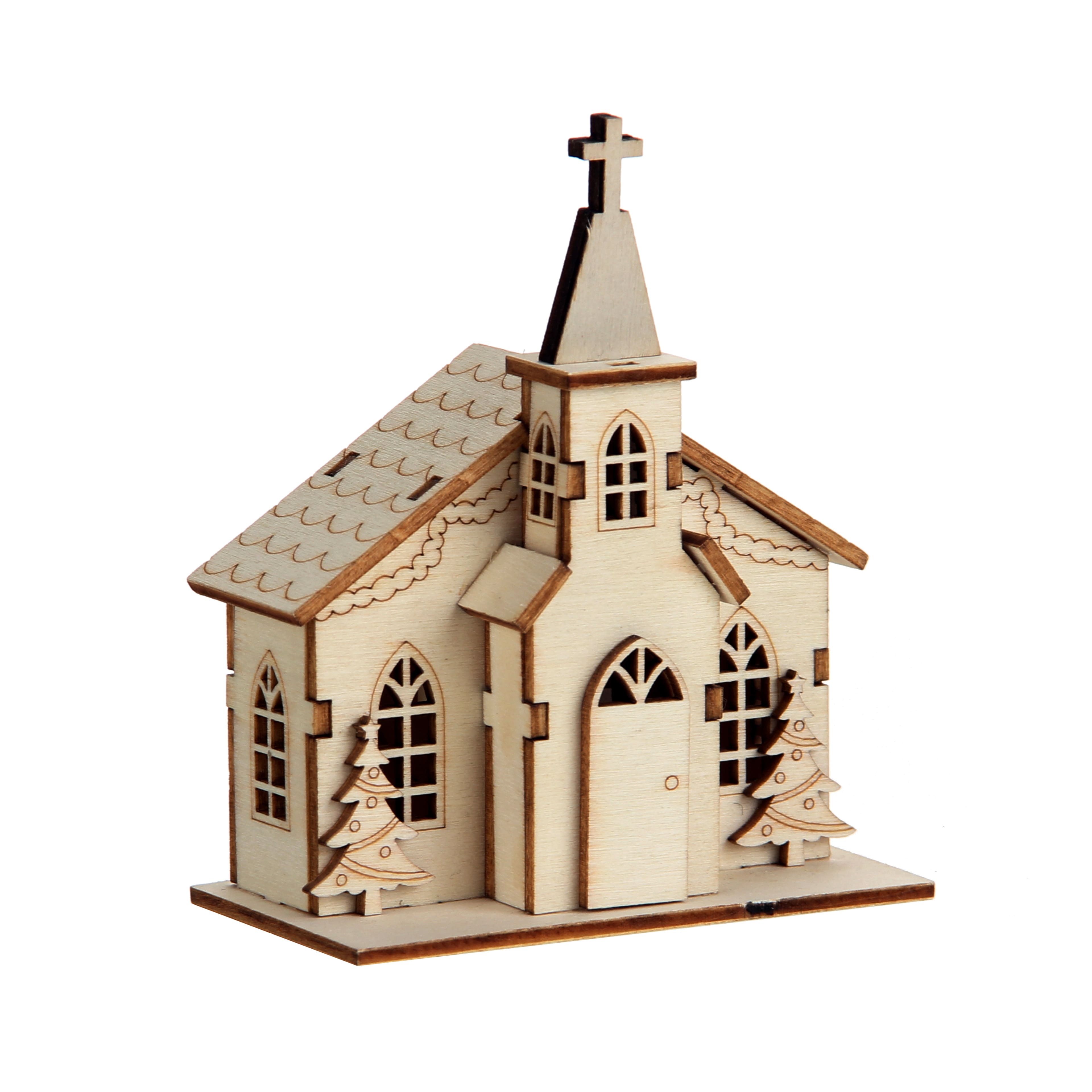 4.5&#x22; Unfinished Village Church DIY LED Wood D&#xE9;cor by Make Market&#xAE;