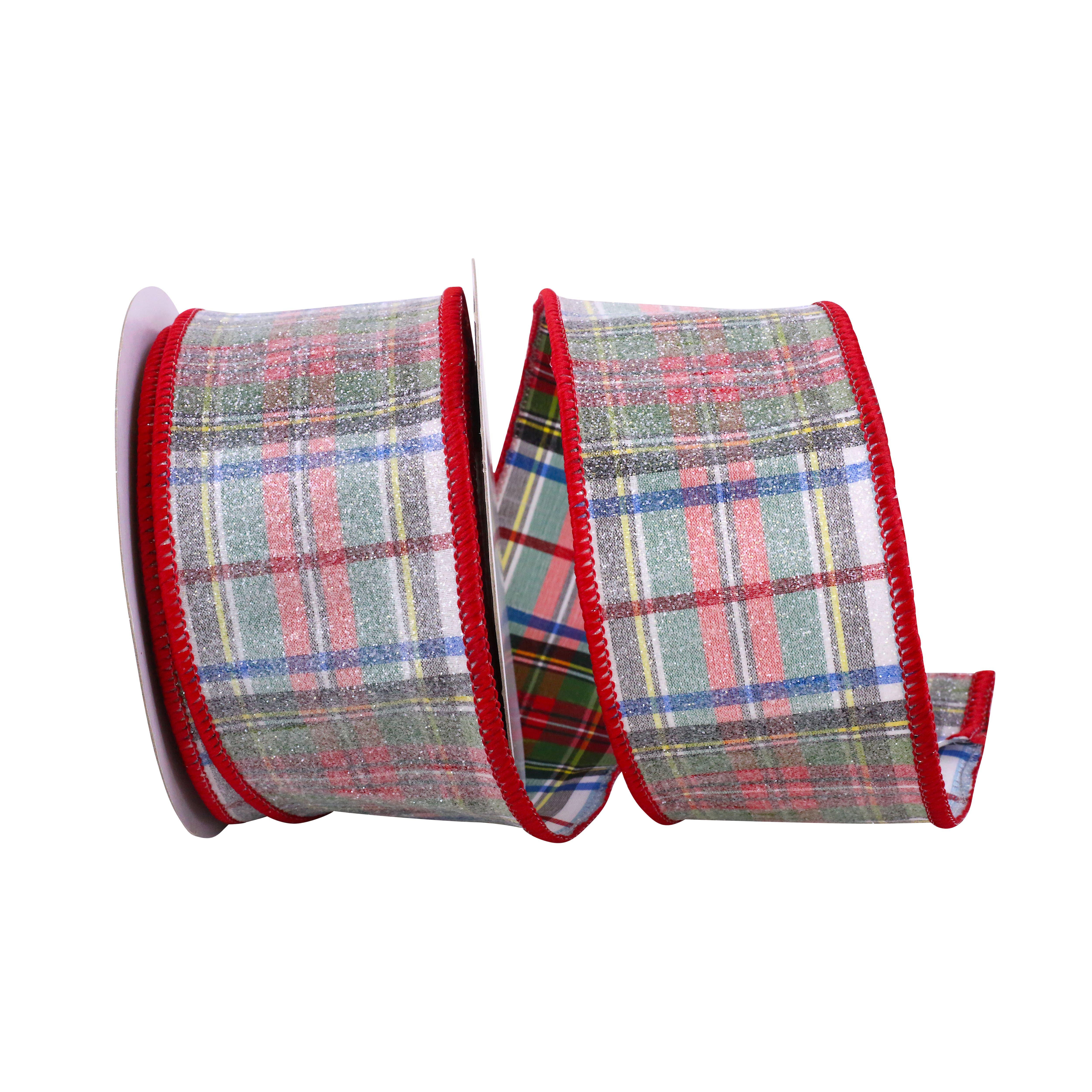 JAM Paper 2.5" x 10yd. Frosted Wired Steward's Dupioni Plaid Ribbon