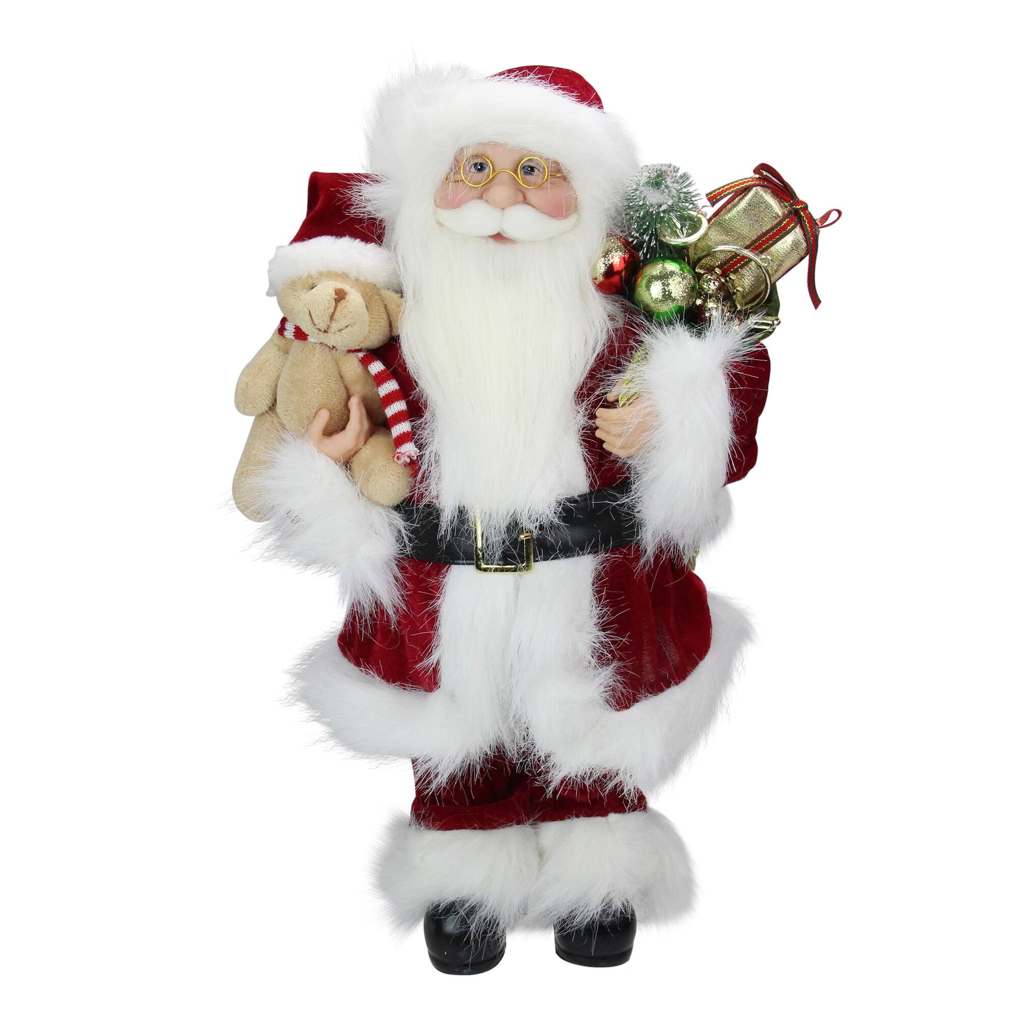 16" Traditional Standing Santa Claus with Teddy Bear & Gift Bag
