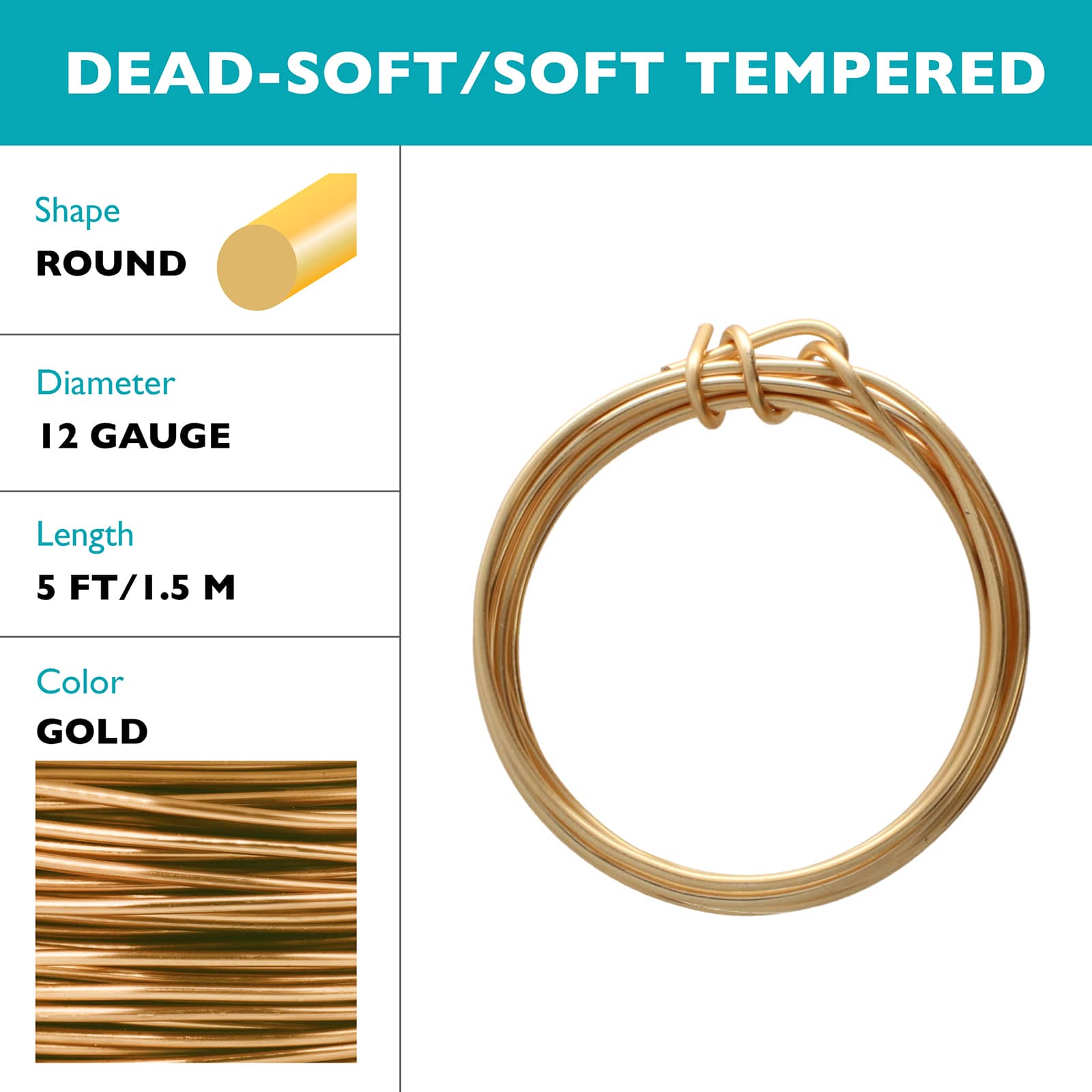 The Beadsmith&#xAE; Wire Elements&#x2122; 12 Gauge Gold Tarnish Resistant Soft Temper Wire, 5ft.