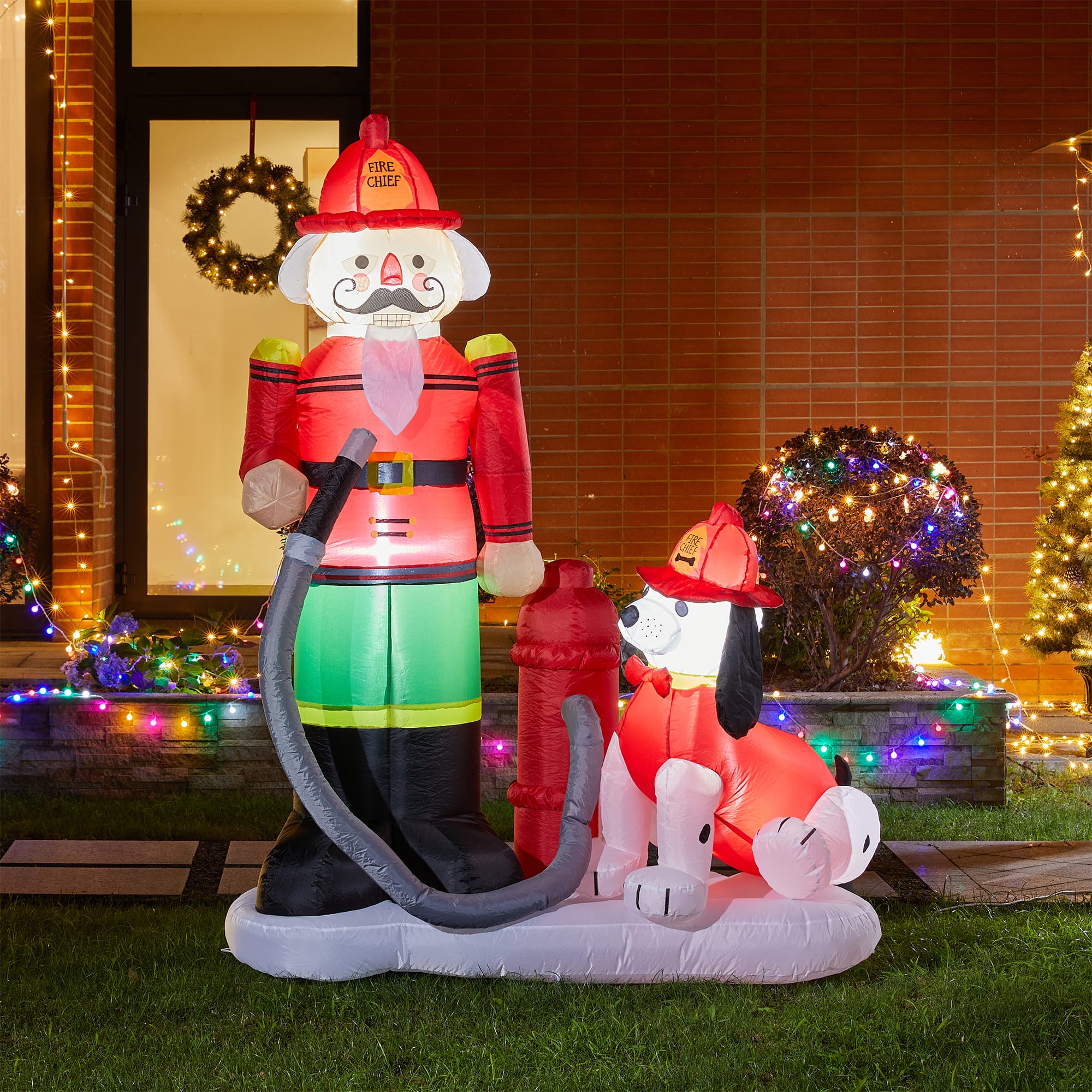 Glitzhome&#xAE; 7ft. Inflatable Fire Fighter &#x26; Puppy Dog With Lights