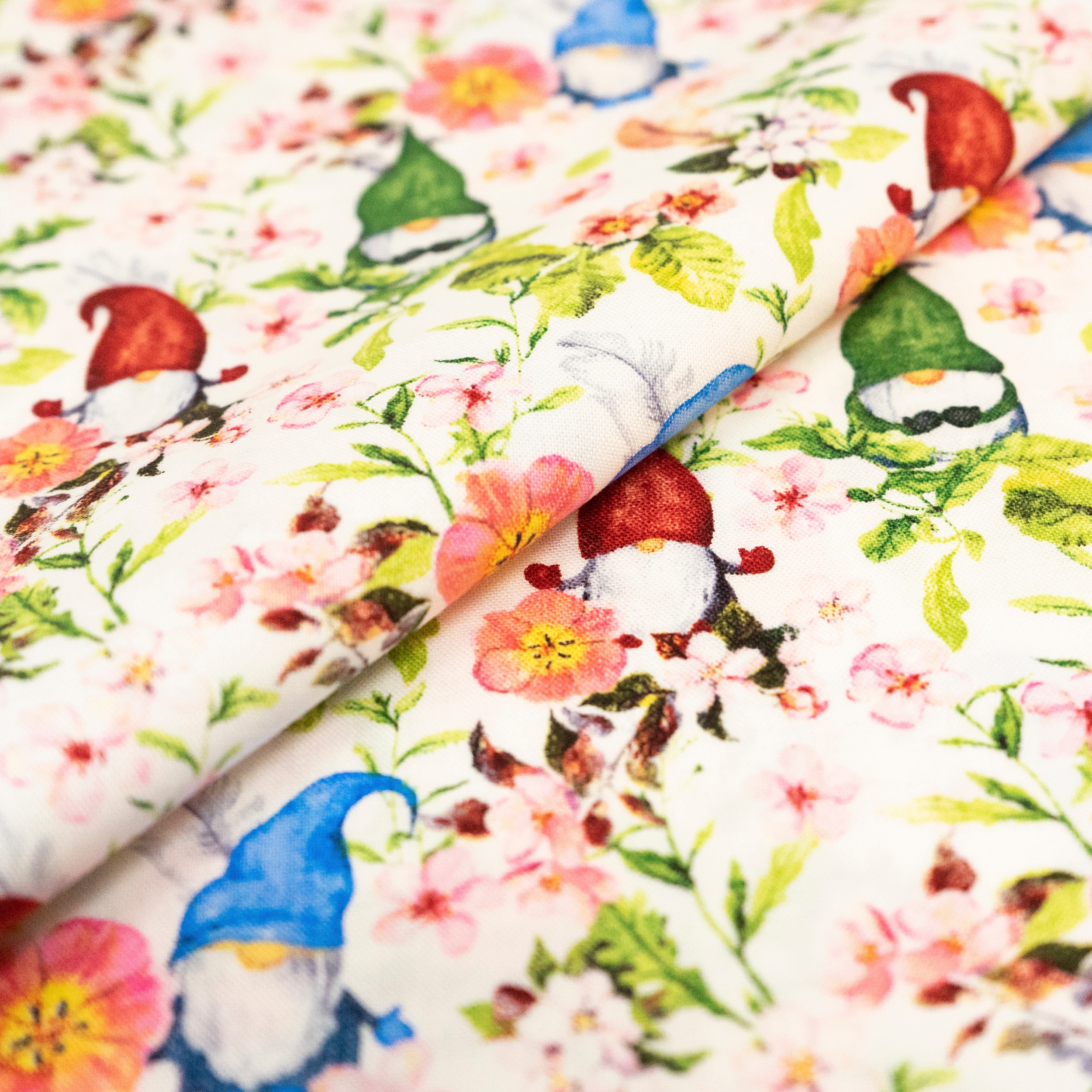 SINGER Springtime Gnomes on White Cotton Fabric