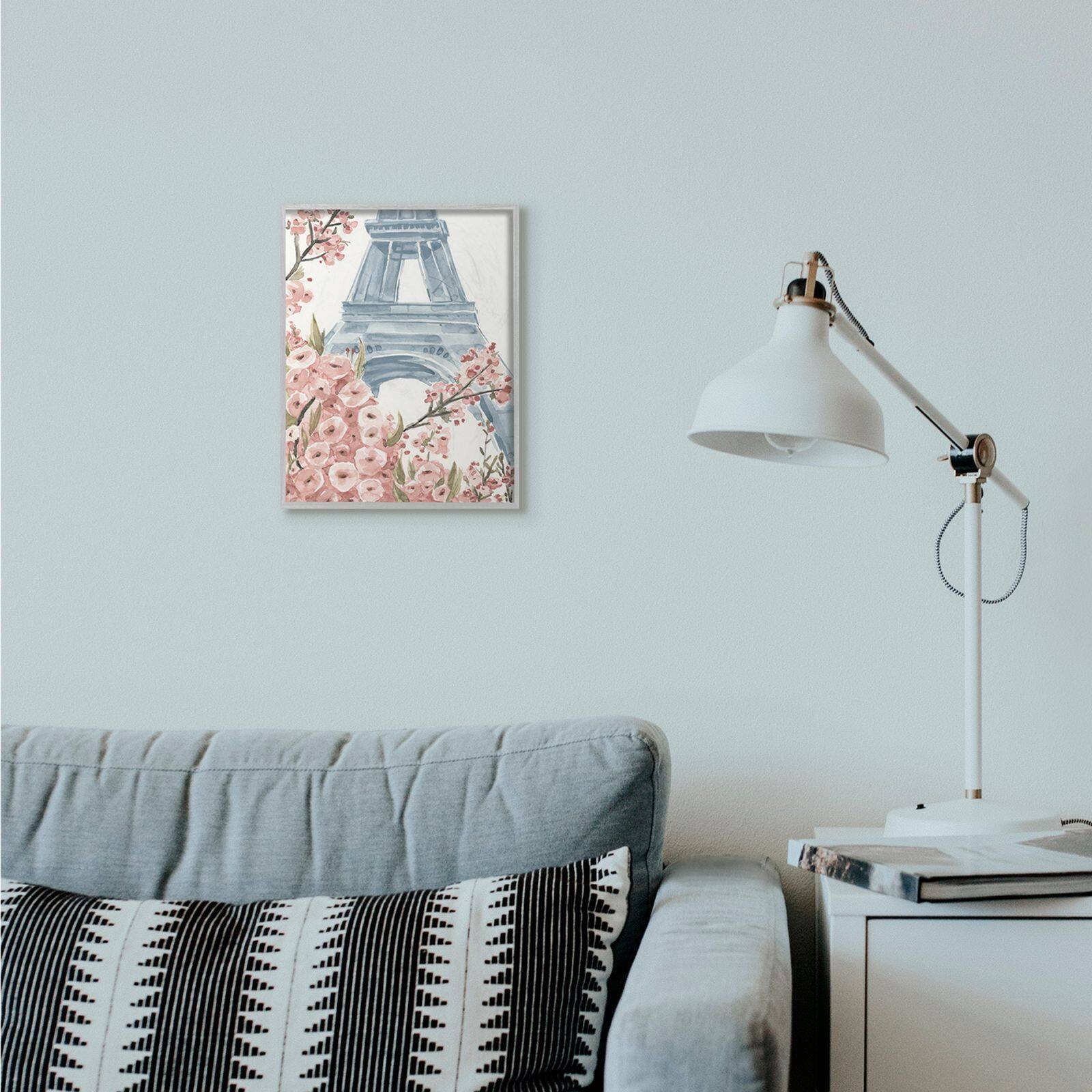 Stupell Industries Pink & Blue Paris Flowers Eiffel Tower Painting with Gray Frame Wall Accent