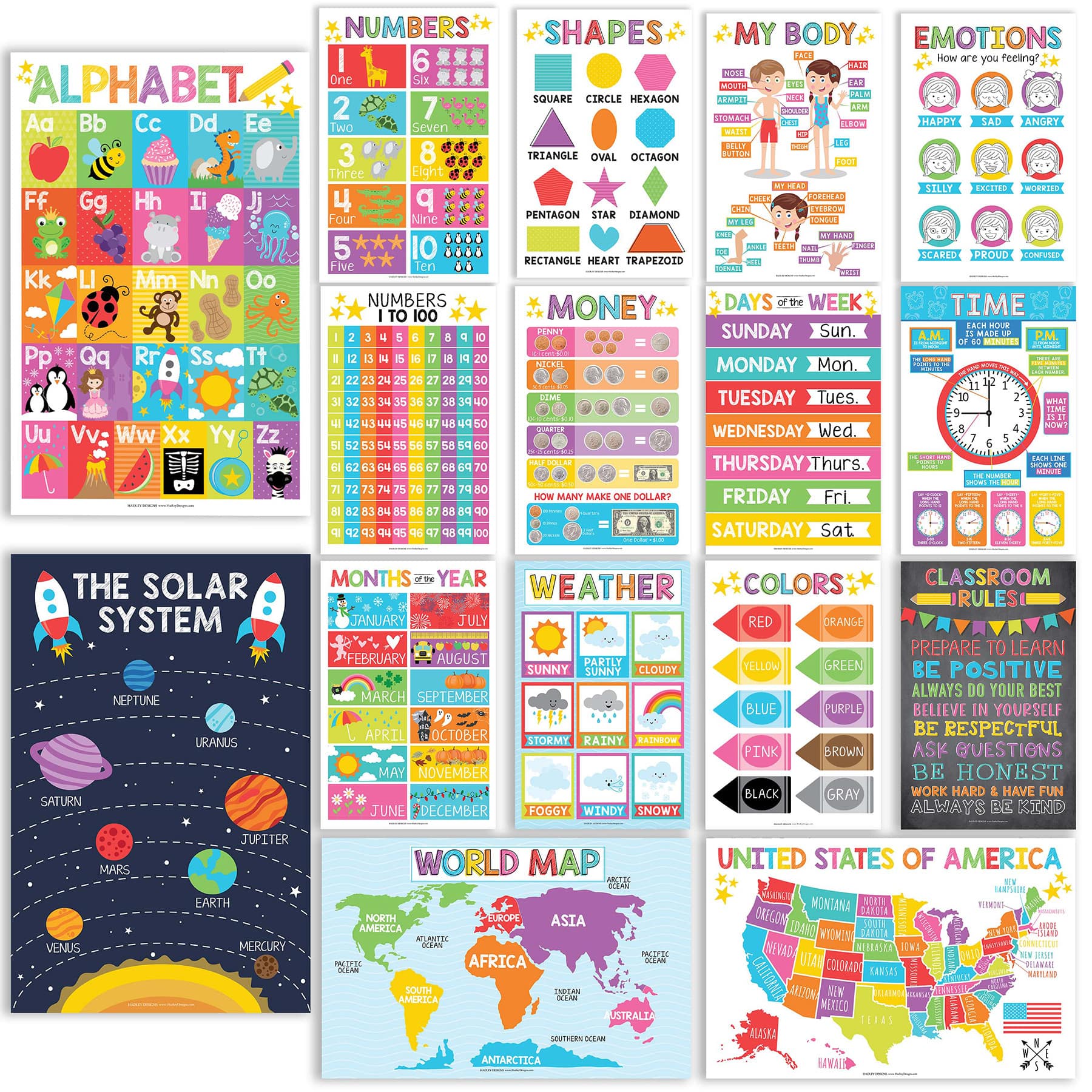 Hadley Designs 11" x 17" Colorful Preschool Educational Laminated Posters for Toddlers Set
