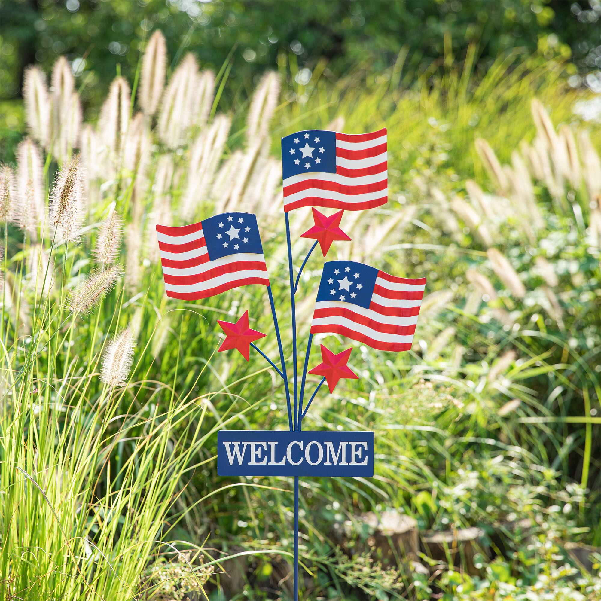 Glitzhome&#xAE; 42&#x22; Patriotic Welcome Metal Flags Yard Stake